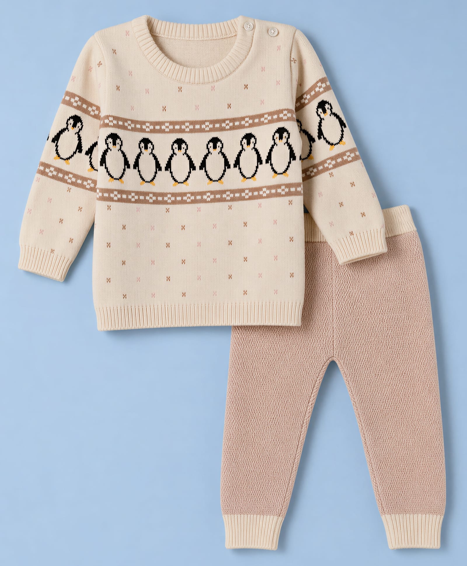 ToffyHouse Knit Full Sleeves Sweater Set with Penguine Design - Beige-picture-39