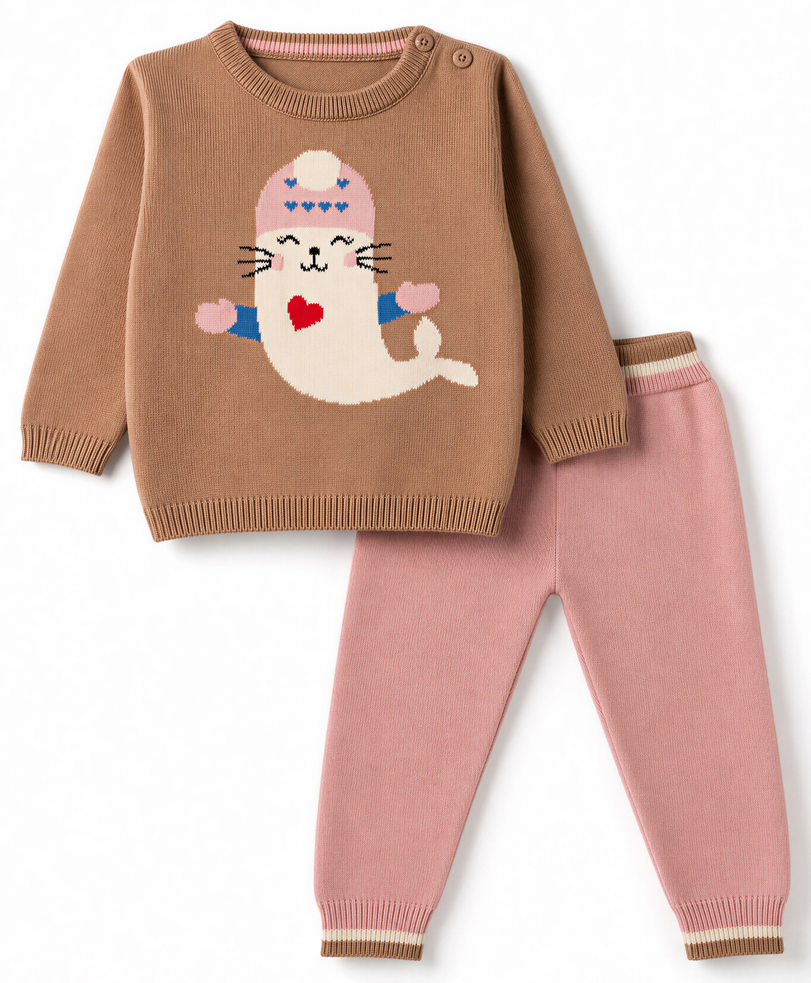ToffyHouse Knit Full Sleeves Sweater Set with Seal Fish Design -Brown-image-39