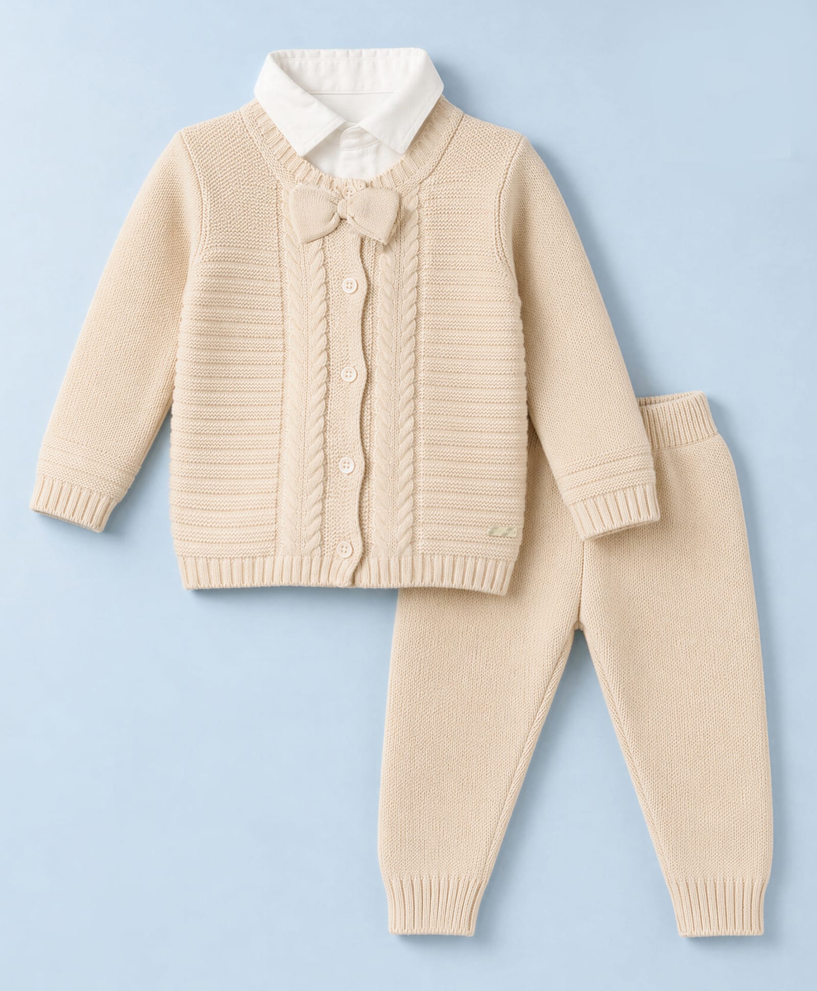 ToffyHouse Knit Full Sleeves Sweater Set with Polo T-Shirt & Bow Applique - White-image-20