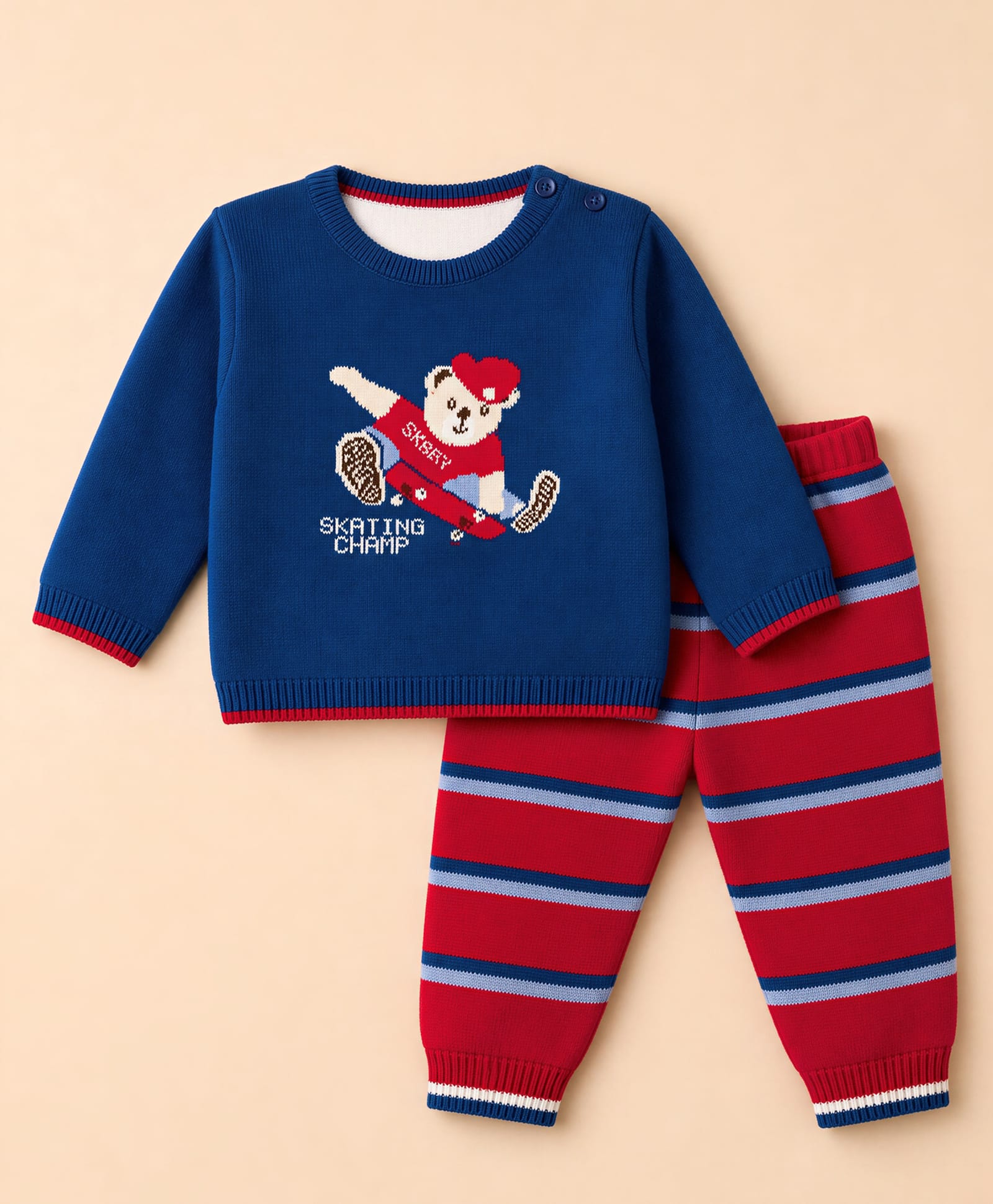 ToffyHouse Knit Full Sleeves Baby Sweater Set with Skating Champ Design - Navy Blue-image-11