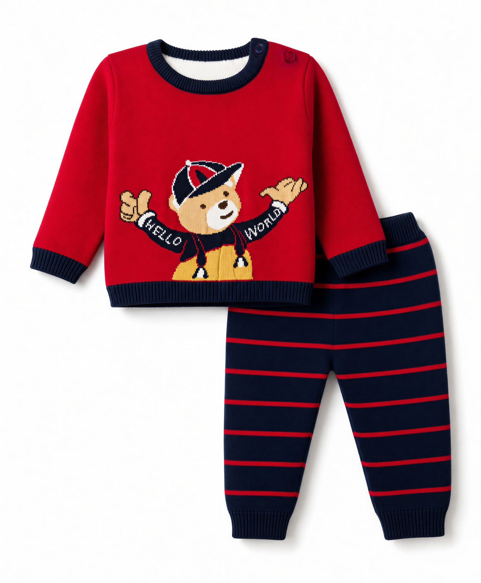 ToffyHouse Knitted Full Sleeves Sweater Set With Bear Design & Stripes - Red-image-44