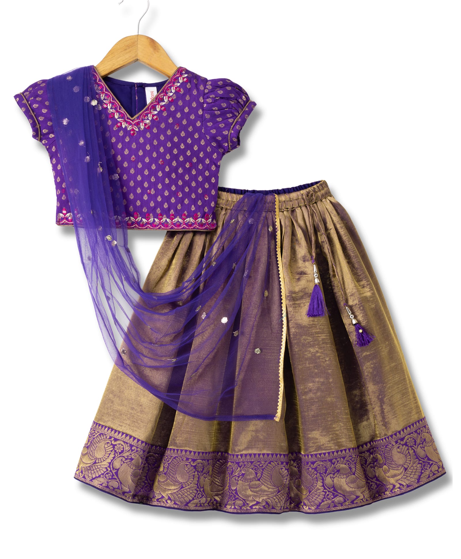 Babyhug Woven Brocade Half Sleeves Printed Choli & Lehenga Set With Dupatta - Purple-picture-1