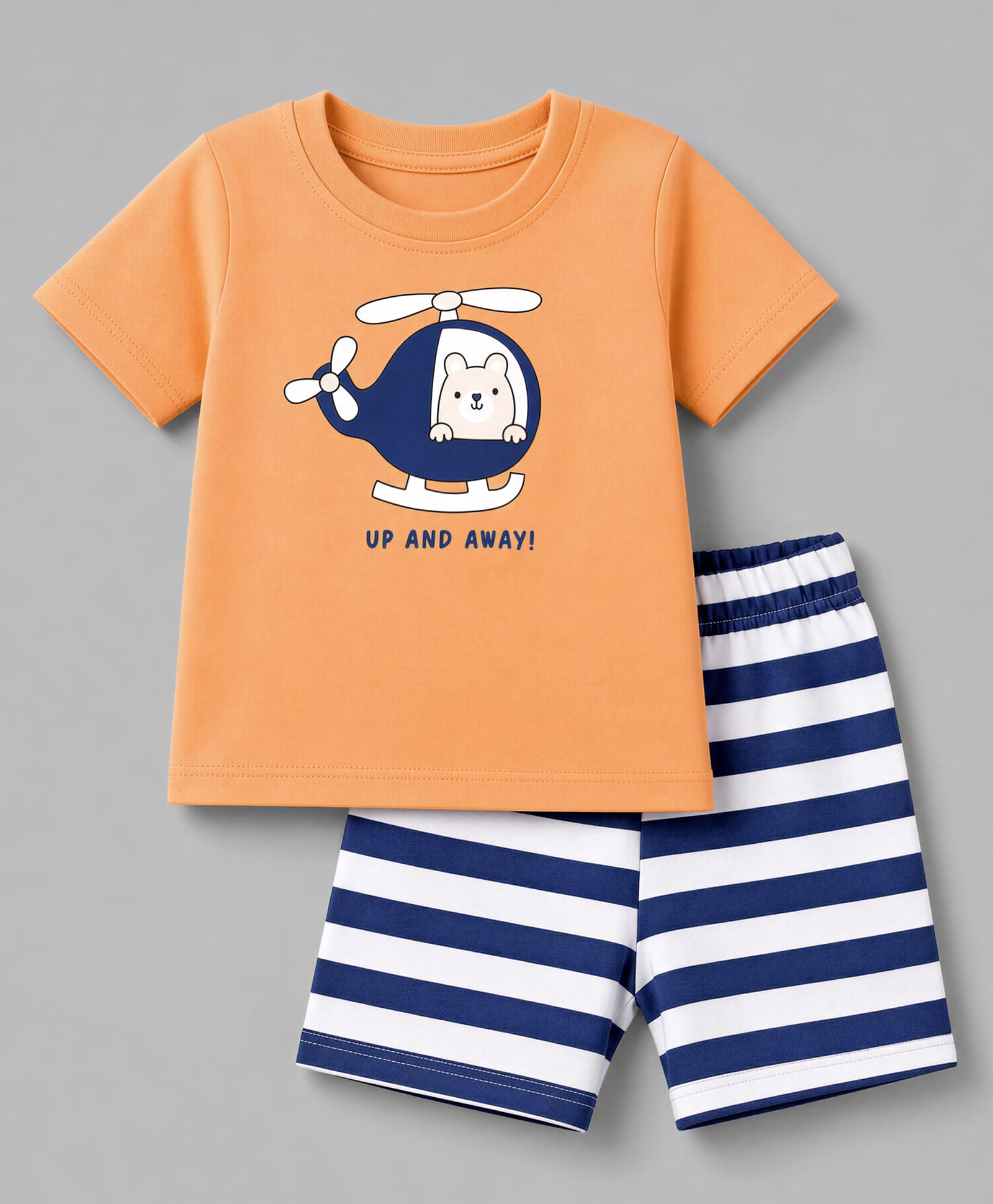 Doodle Poodle 100% Cotton Single Jersey Knit Half Sleeves Helicopter Printed T-shirt & Striped Shorts Night Suit - Orange-picture-11