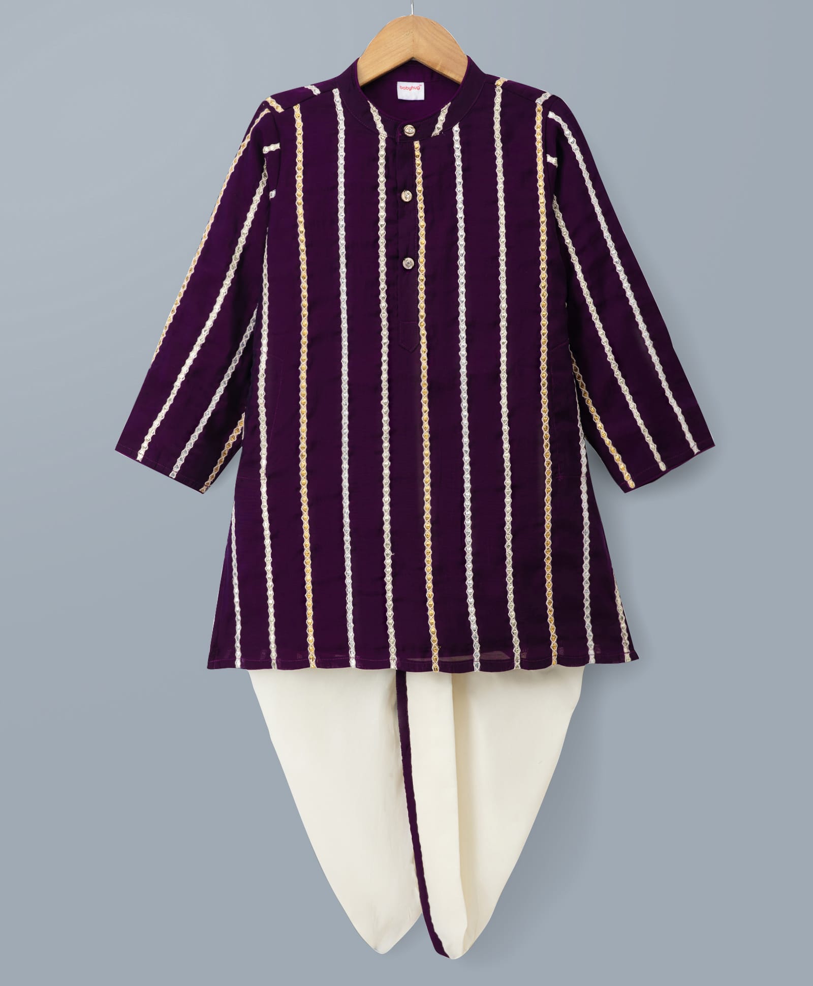 Babyhug Georgette Woven Full Sleeves Striped Embroidered Kurta Dhoti Set- Purple-image-0