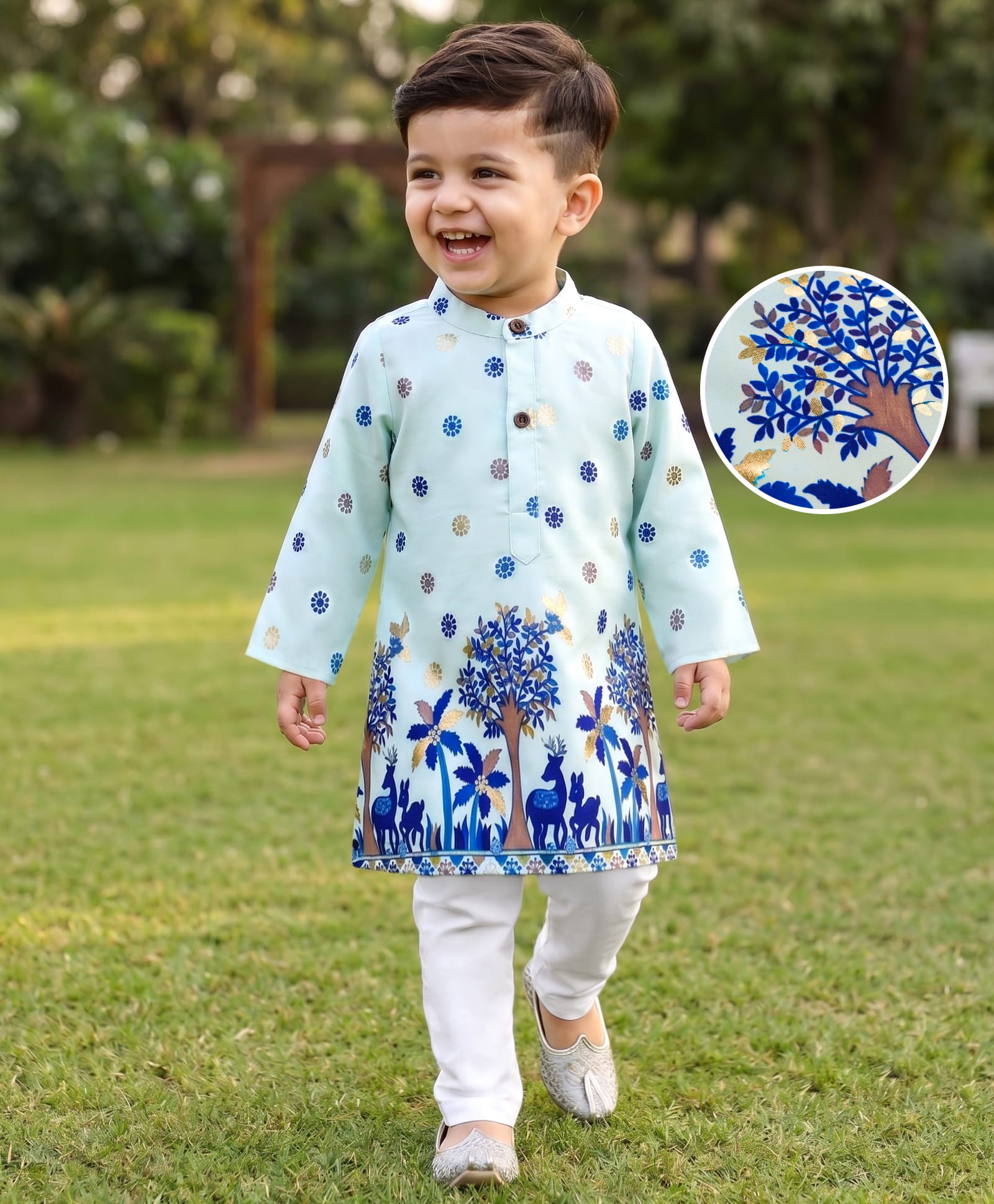 Babyhug 100% Cotton Woven Full Sleeves Floral Foil Printed Kurta & Pyjama Set - Light Blue-picture-24