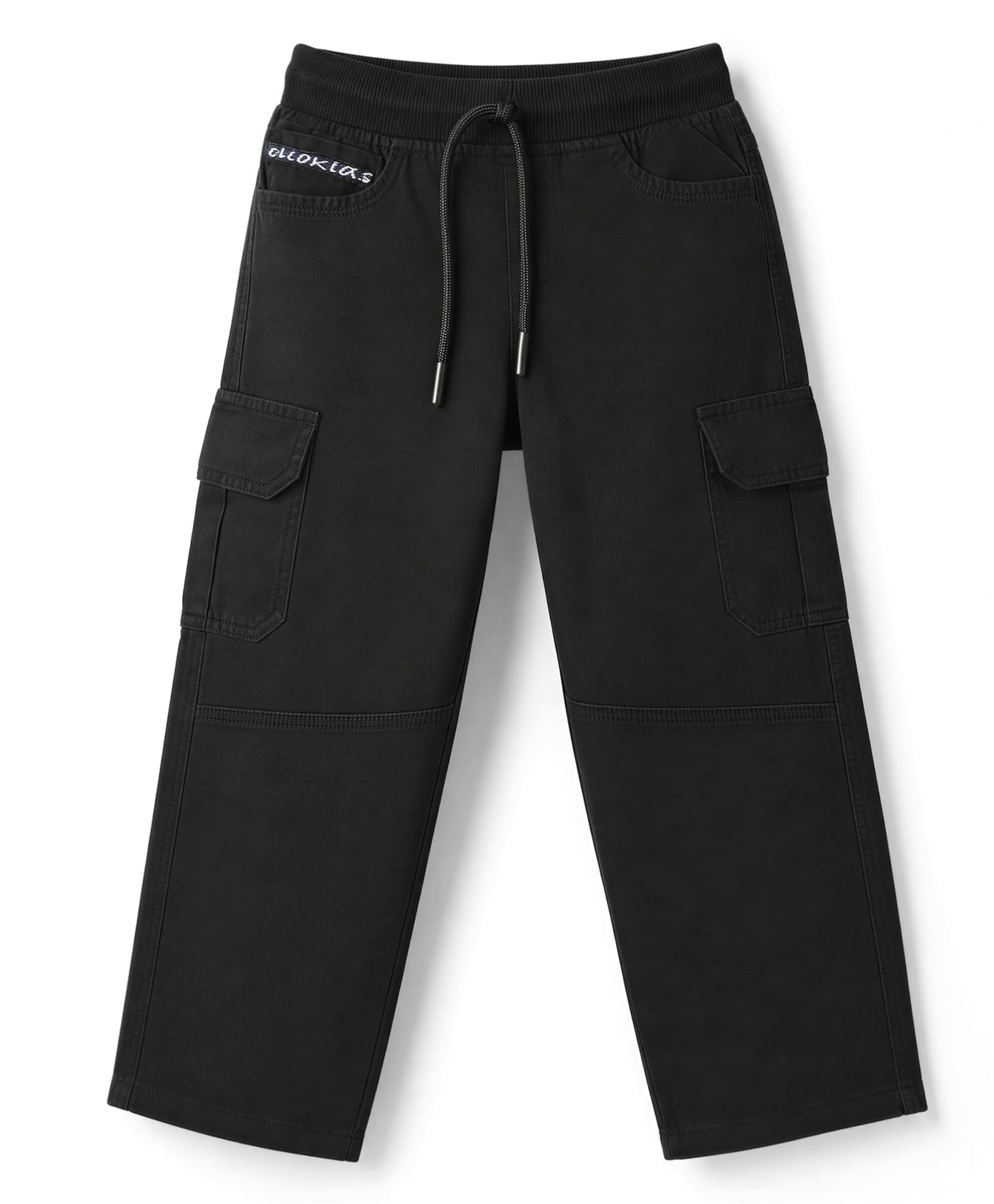 Olio Kids Cotton Woven Full Length Solid Pants With Cargo Pockets - Black-picture-17