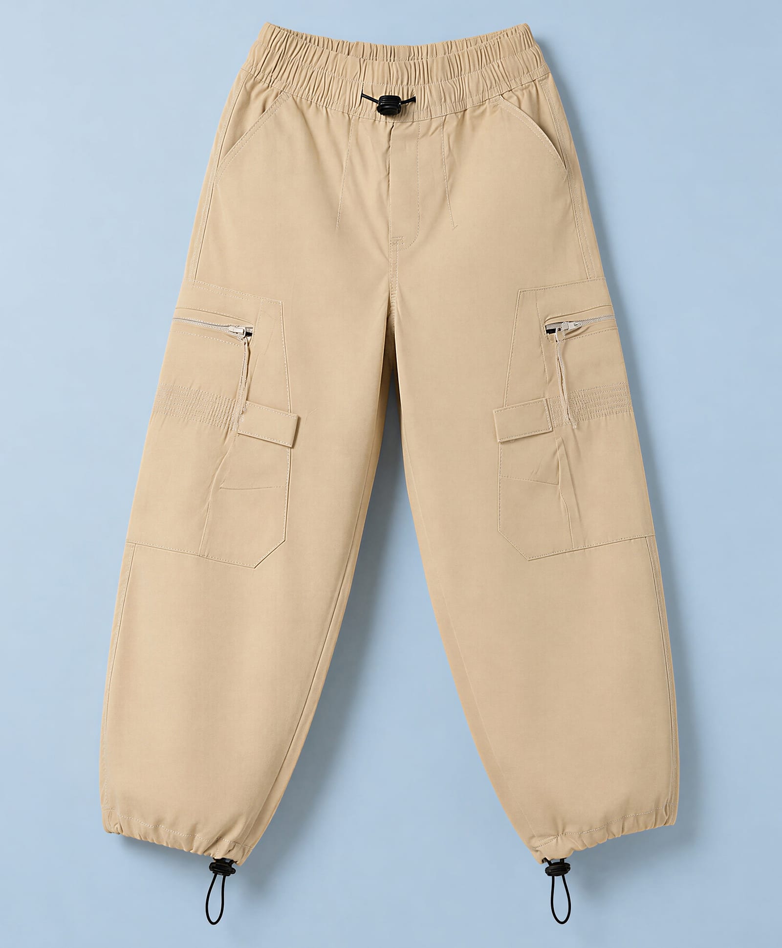 Olio Kids Cotton Woven Full Length Solid Trousers & Pants with Cargo Pocket - Beige-picture-5