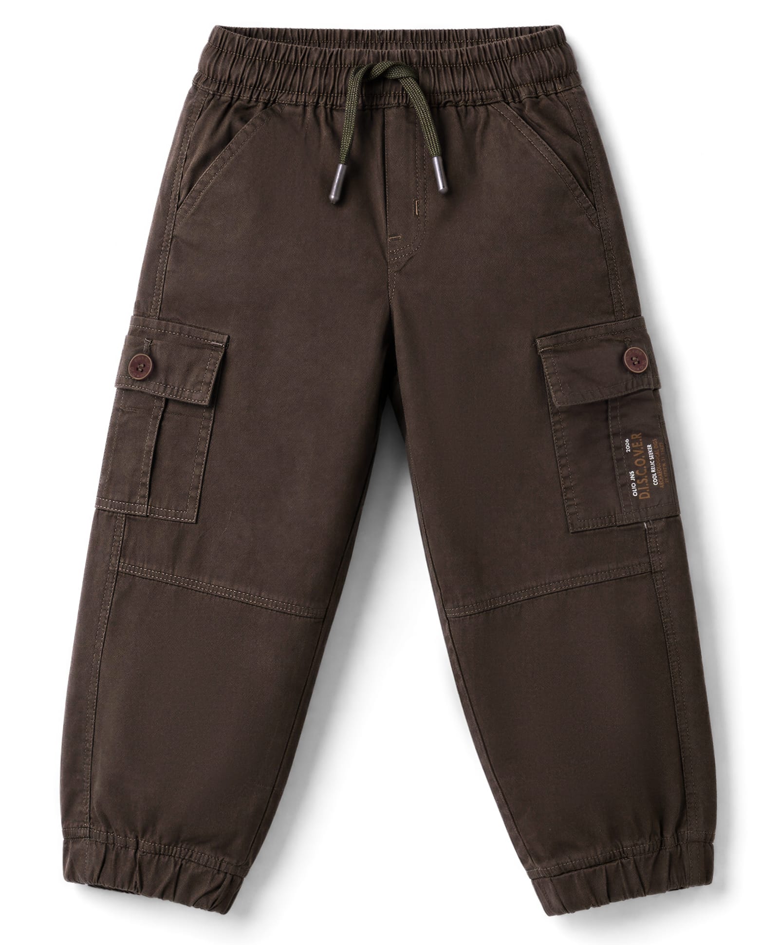 Olio Kids Cotton Woven Full Length Text Printed Trouser With Cargo Pocket - Olive Green-picture-34
