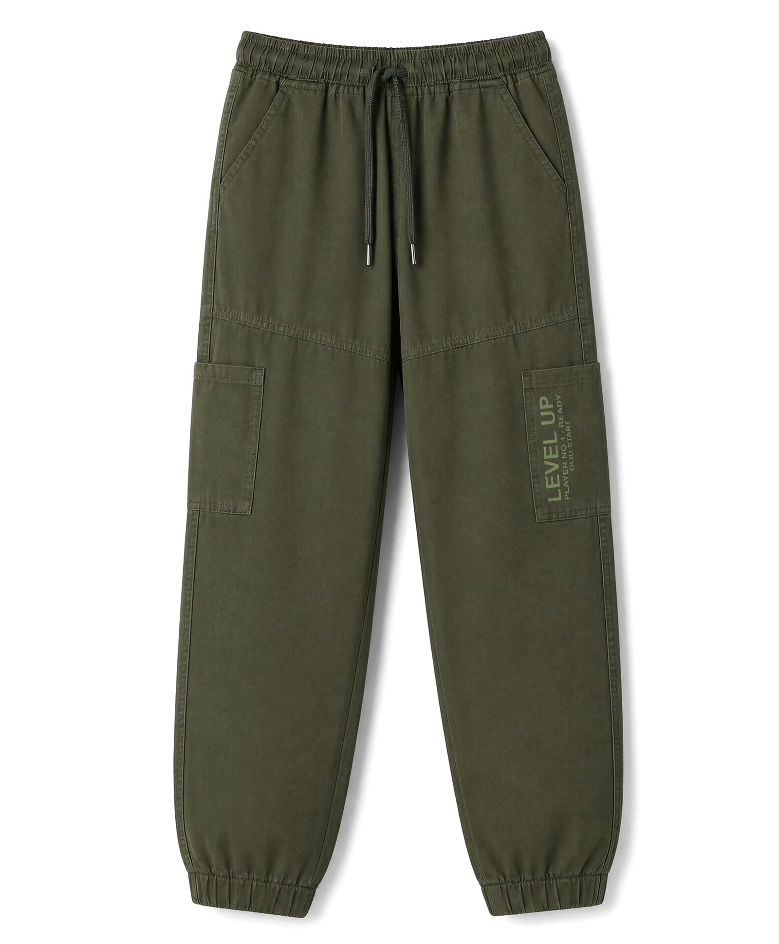 Olio Kids Cotton Woven Full Length Pants With Text Printed Cargo Pockets - Olive Green-picture-16