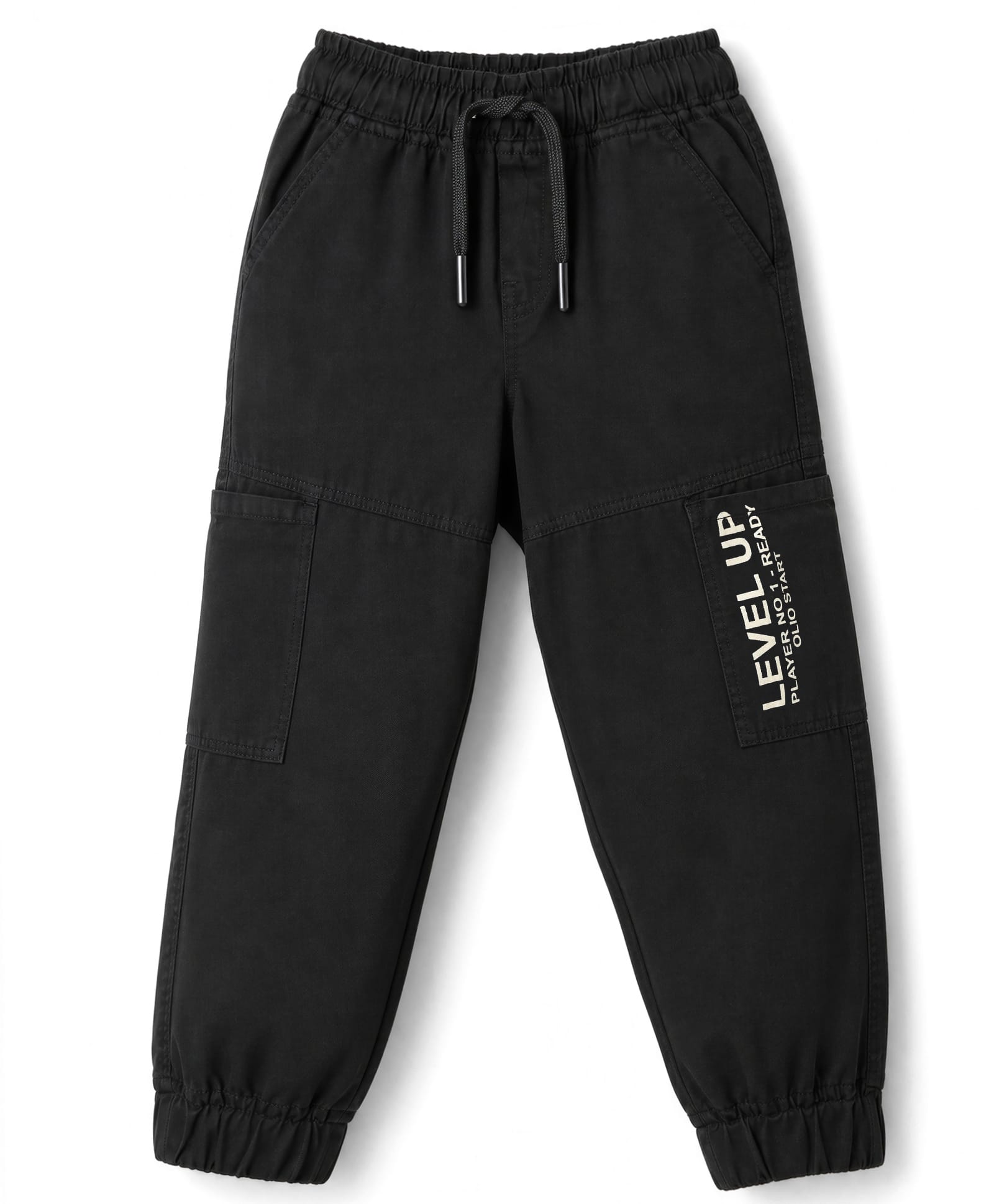 Olio Kids Cotton Woven Full Length Pants With Text Printed Cargo Pockets - Black-picture-15