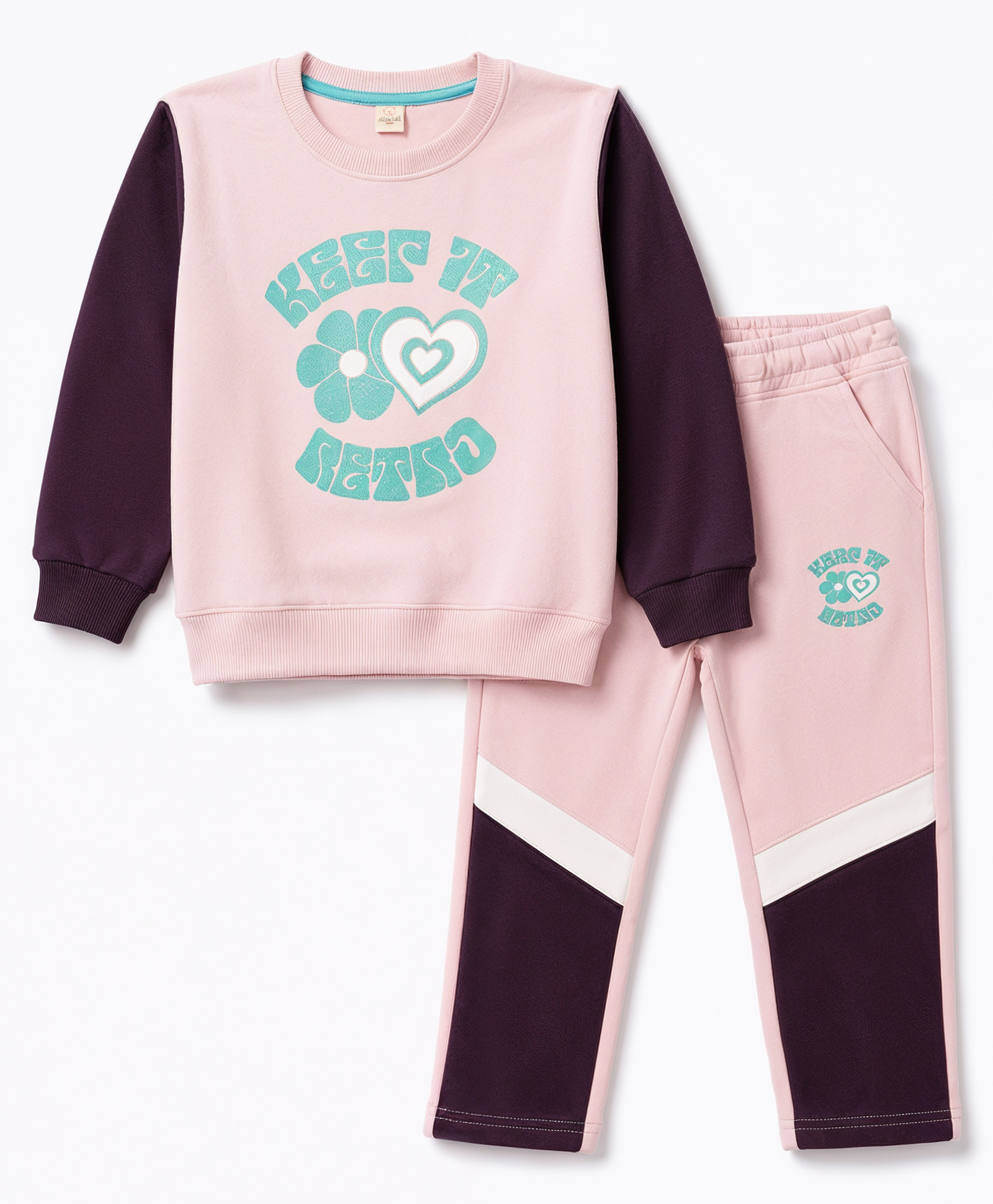 Olio Kids Fleece Knit Full Sleeves Winter Wear T-Shirt & Lounge Pant Set Hearts & Floral Print - Pink-image-10