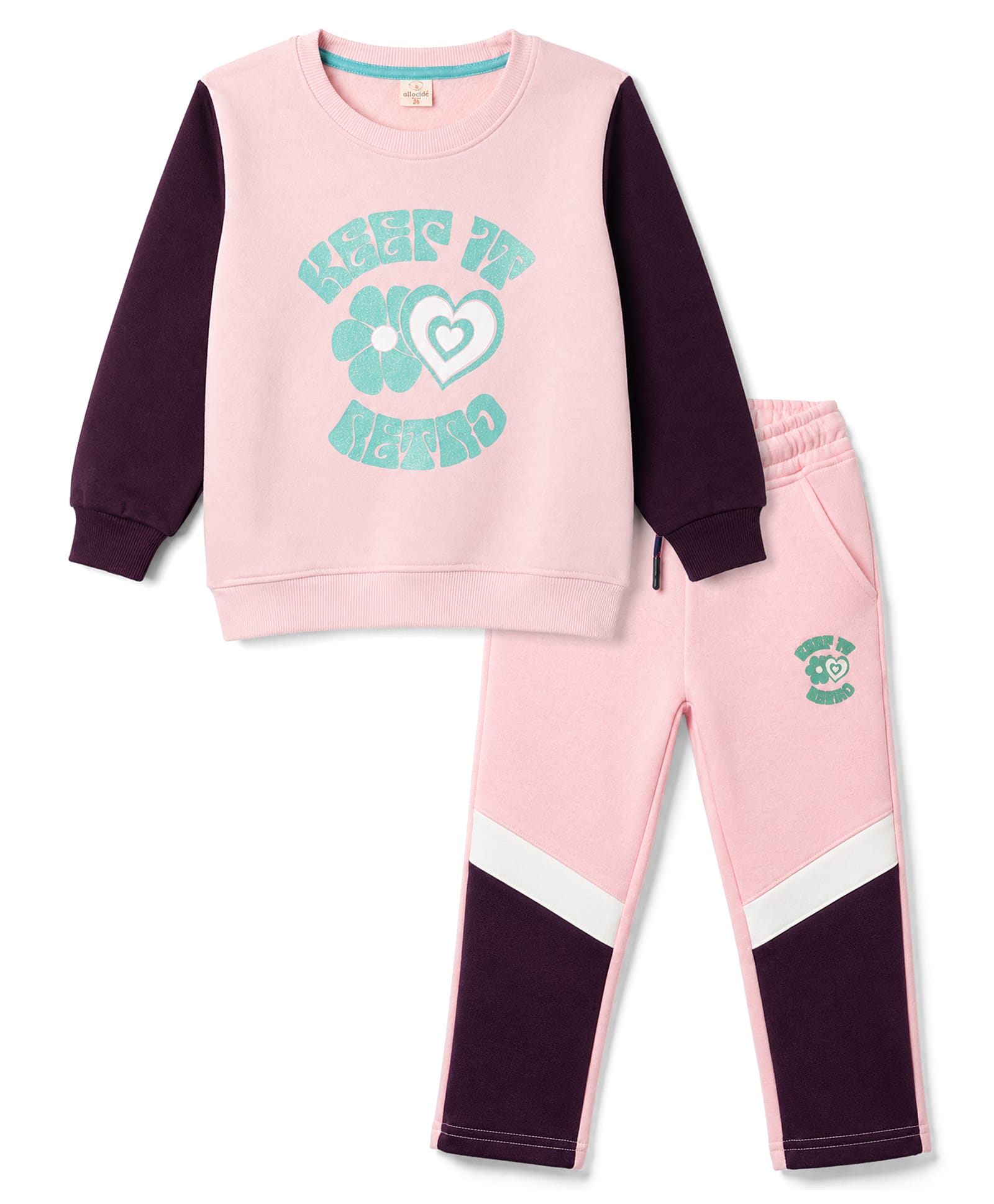 Olio Kids Fleece Knit Full Sleeves Winter Wear Set With Text Print - Pink & Brown-image-48