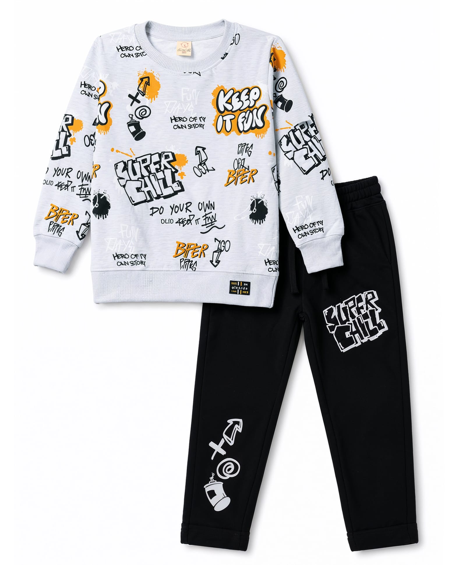 Olio Kids Fleece Knit Full Sleeves Winter Wear T-Shirt & Lounge Pant Set Text Print - Light Grey-image-8