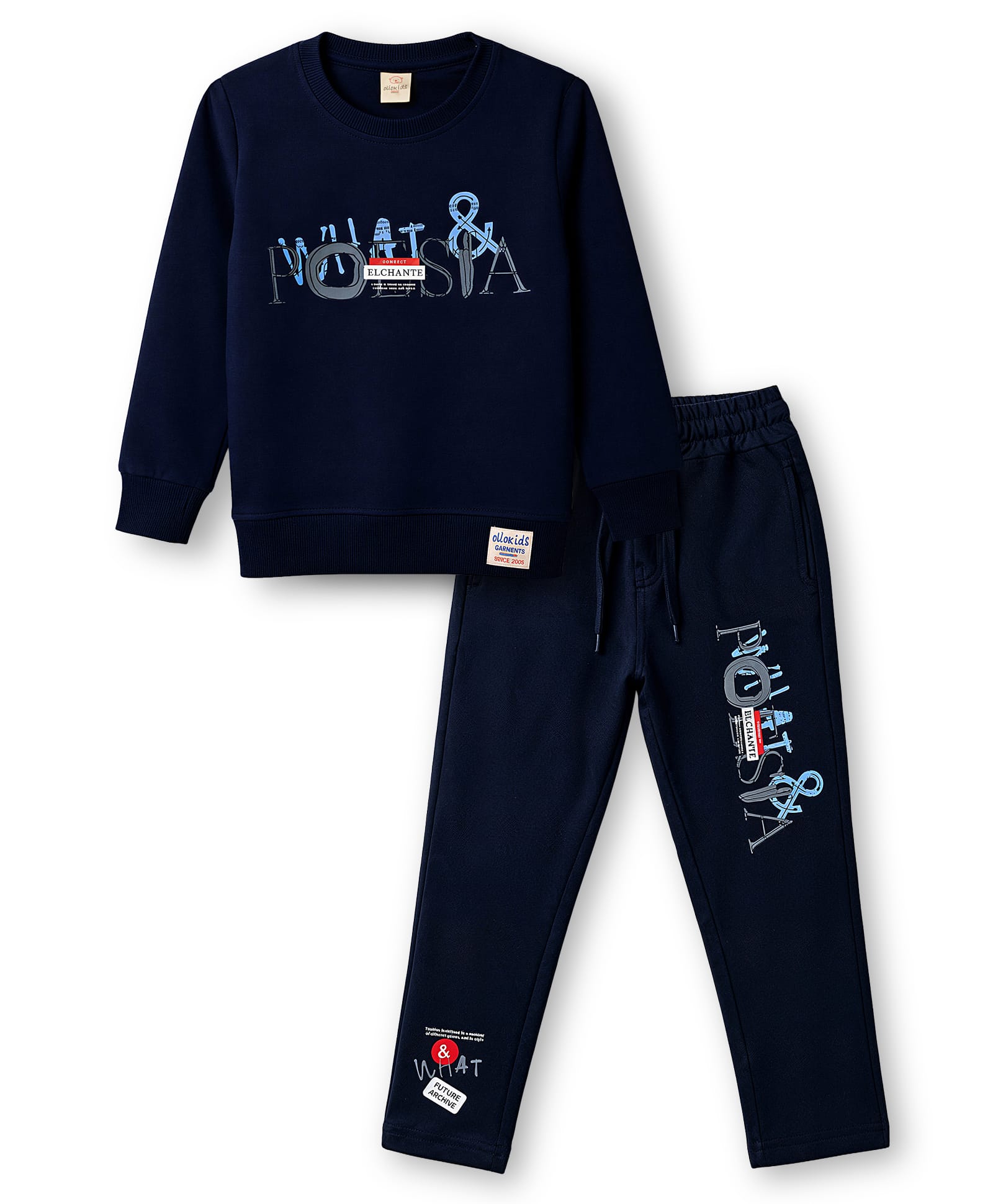 Olio Kids Fleece Knit Full Sleeves Winter Wear T-Shirt & Lounge Pant Set Text Print - Navy-image-9