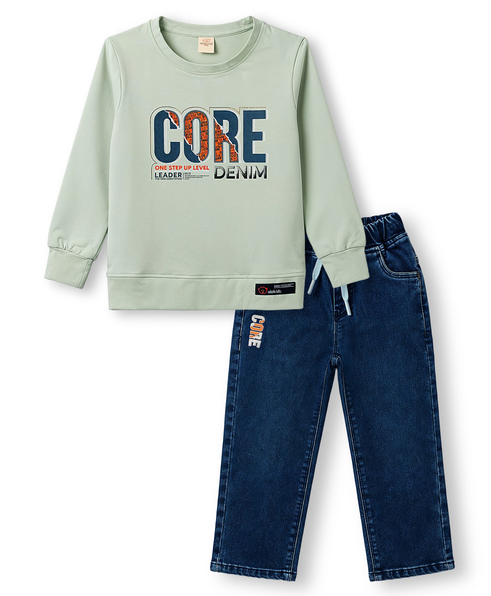 Olio Kids Knit Full Sleeves Sweatshirt & Lounge Pant Winter Wear Suit with Text Print - Light Green-image-24