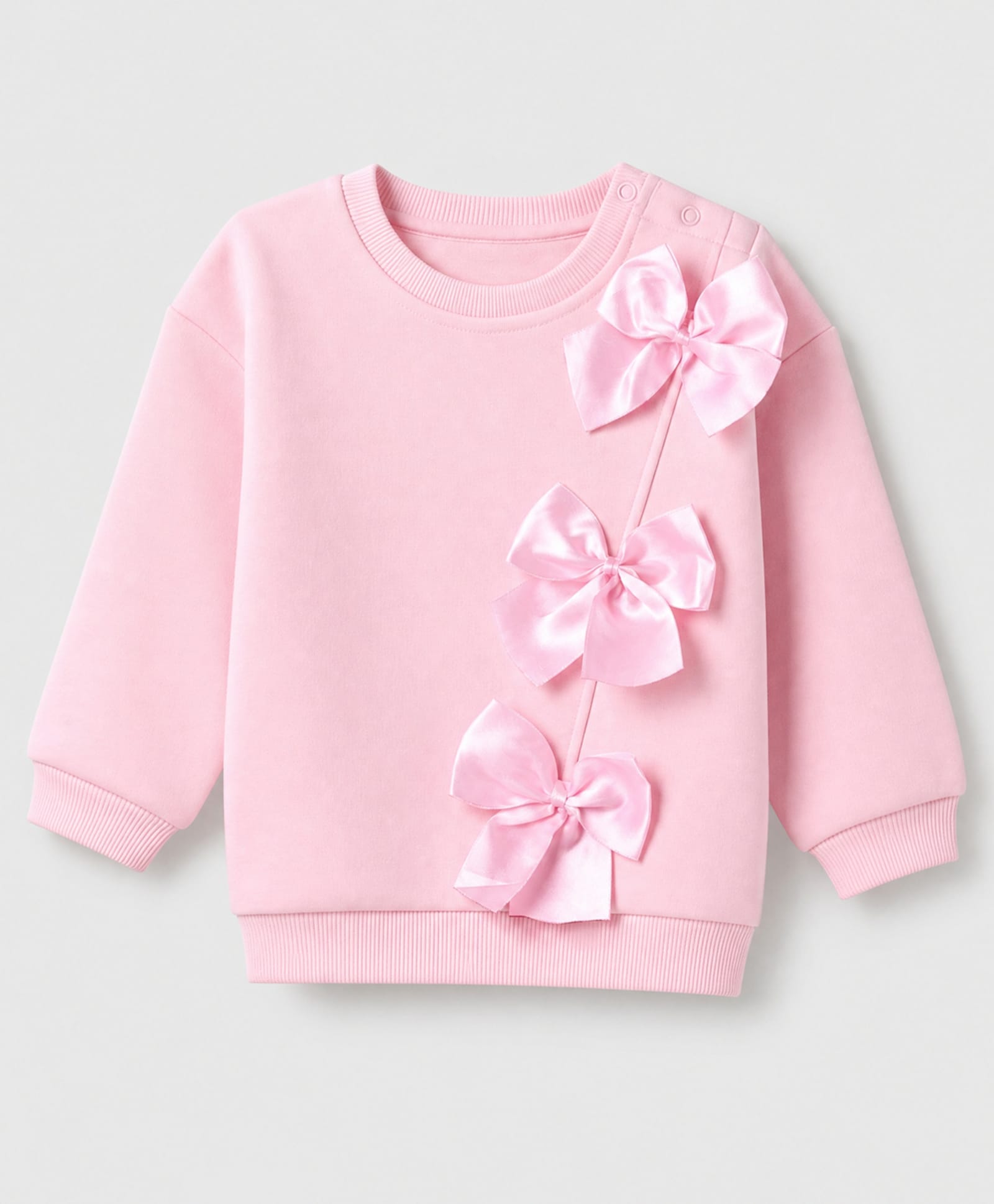 Bonfino Cotton Fleece Knit Oversized Sweatshirt with Full Sleeves and Satin Bows Applique - Pink-image-5