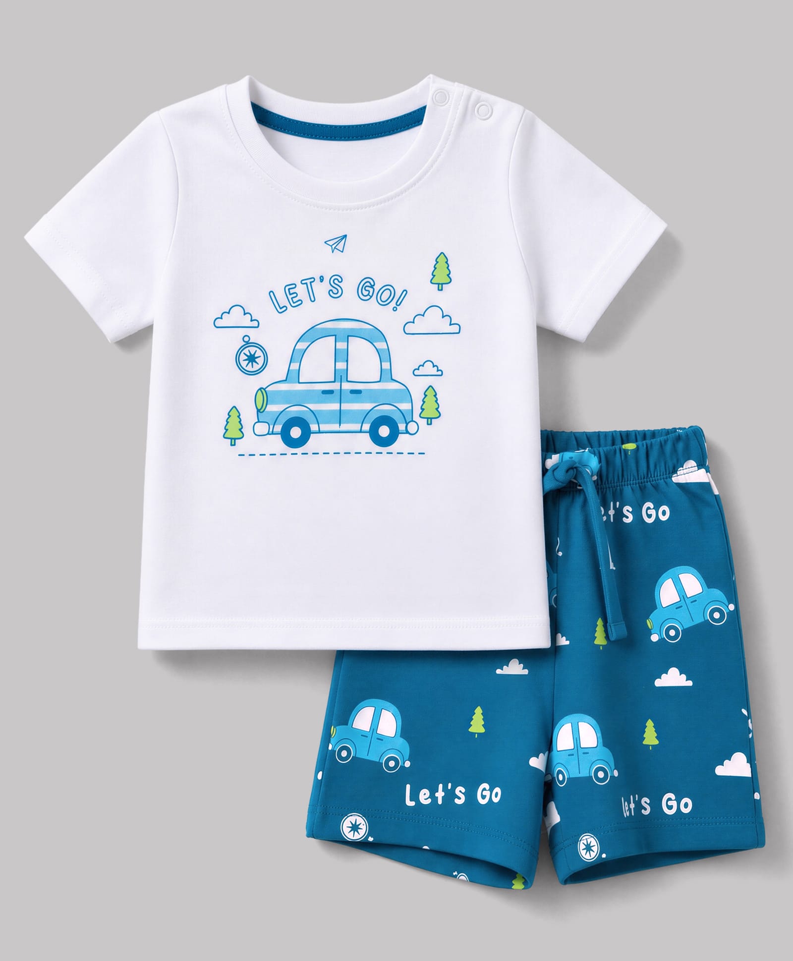 Doodle Poodle 100% Cotton Single Jersey Knit Half Sleeves T-Shirt & Shorts Night Suit with Car Print - White-image-5