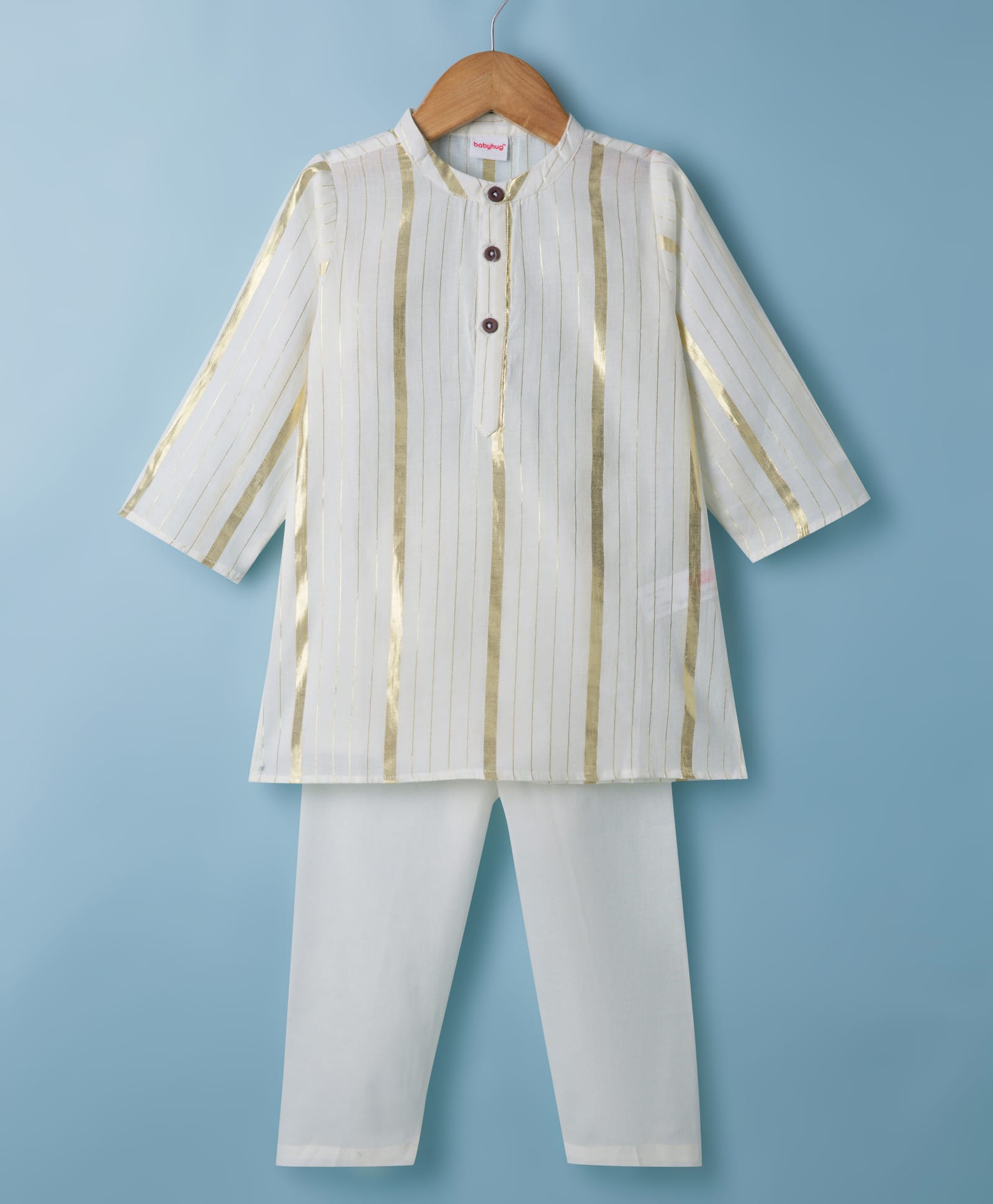 Babyhug Cotton Lurex Woven Full Sleeves Striped Dobby Kurta Pajama Set - White-image-20
