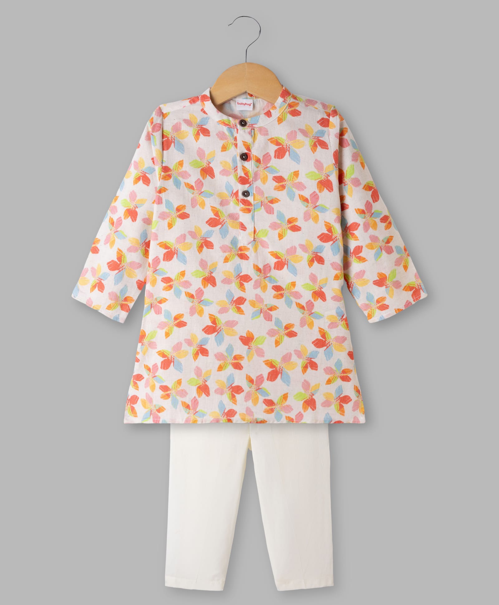Babyhug Cambric Woven Full Sleeves Hakkoba Floral Printed Kurta Pajama Set - Off White-image-42
