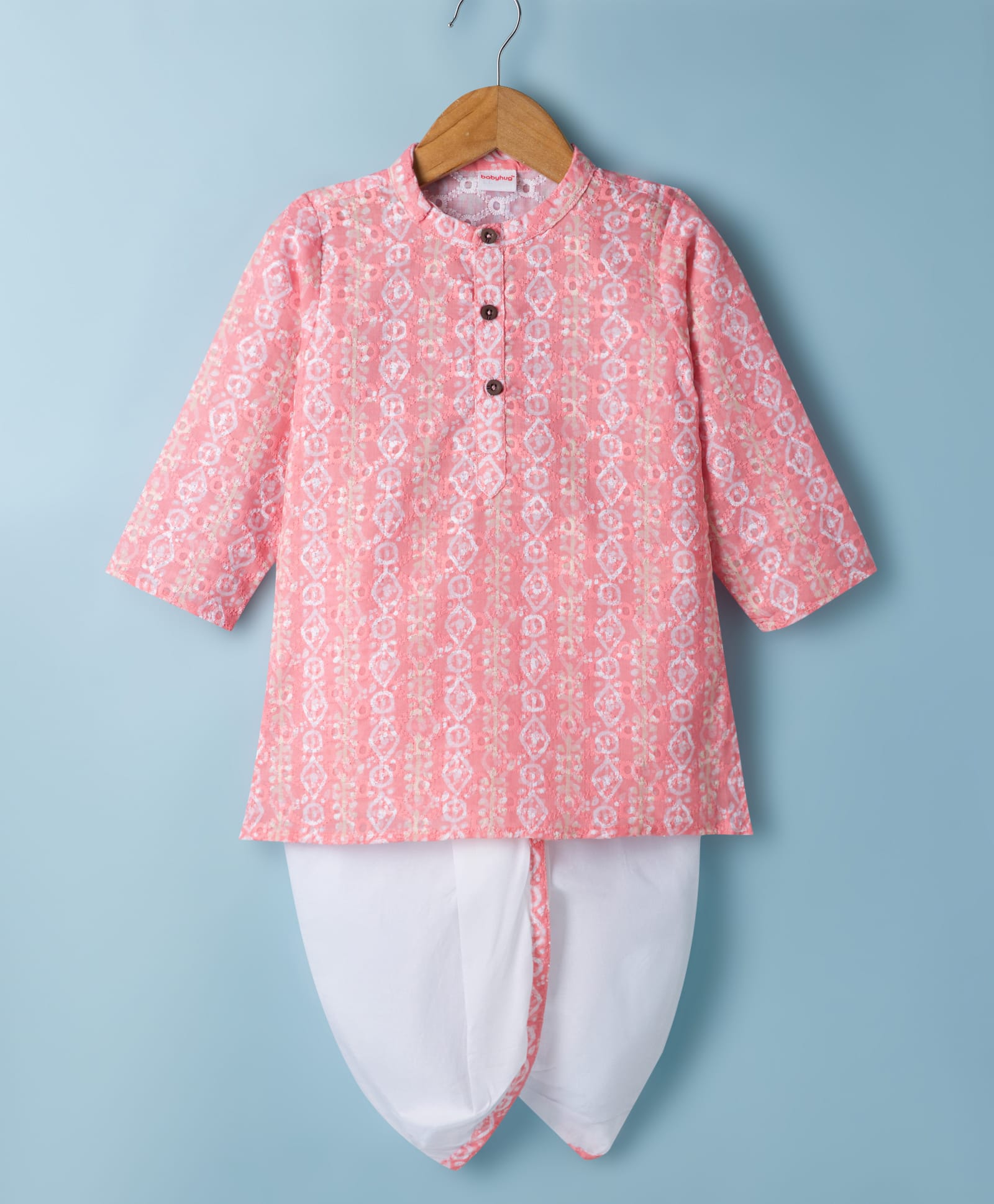 Babyhug Cotton Cambric Woven Full Sleeves Hakkoba Printed Kurta Dhoti Set - Peach-picture-10