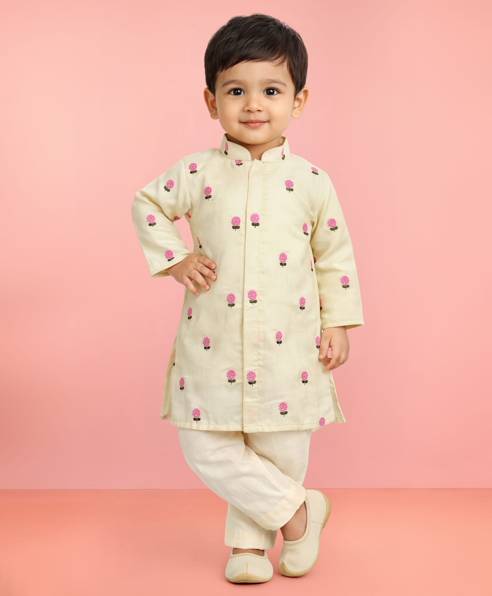 Vastramay Cotton Woven Full Sleeves Floral Embroidered Kurta Pyjama Set - Yellow-image-25