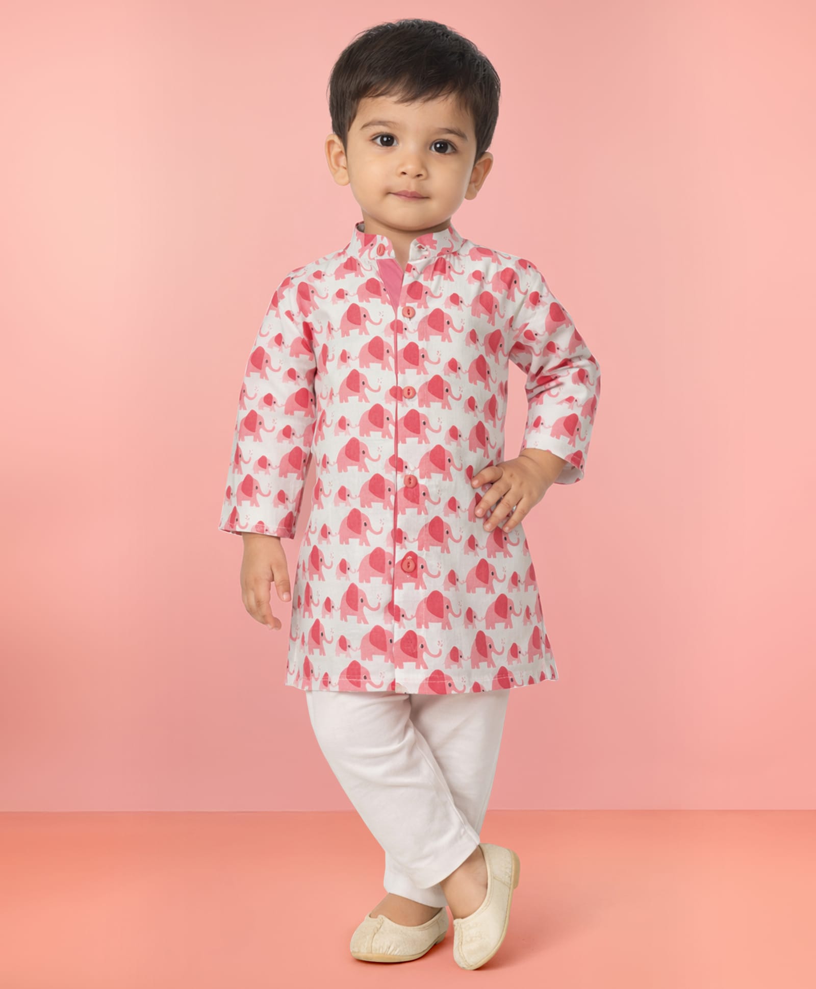 Vastramay Cotton Woven Full Sleeves Elephant Printed Kurta Pyjama Set - Pink-image-30