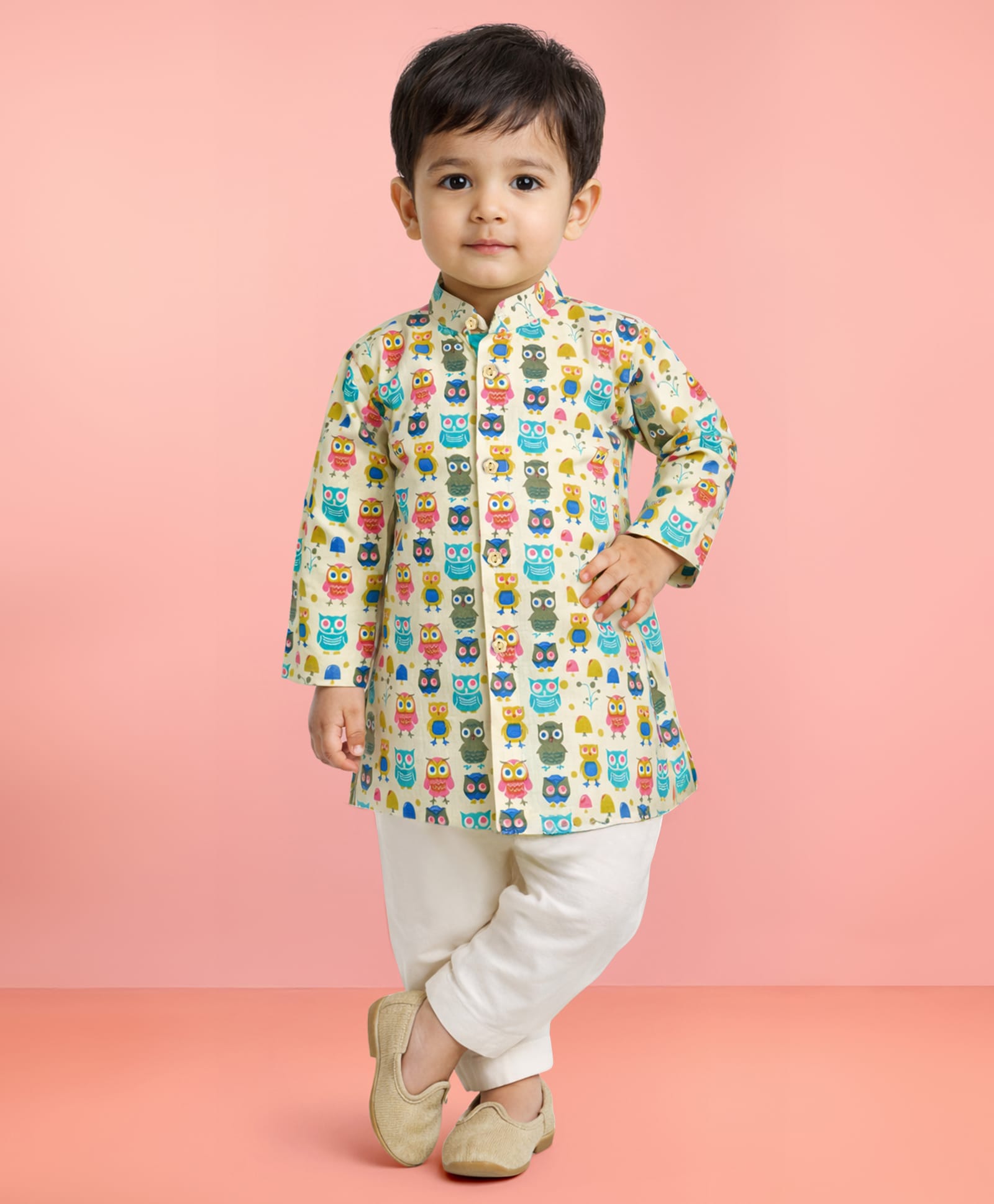 Vastramay Cotton Woven Full Sleeves Owl Printed Kurta Pyjama Set - Mustard-image-24