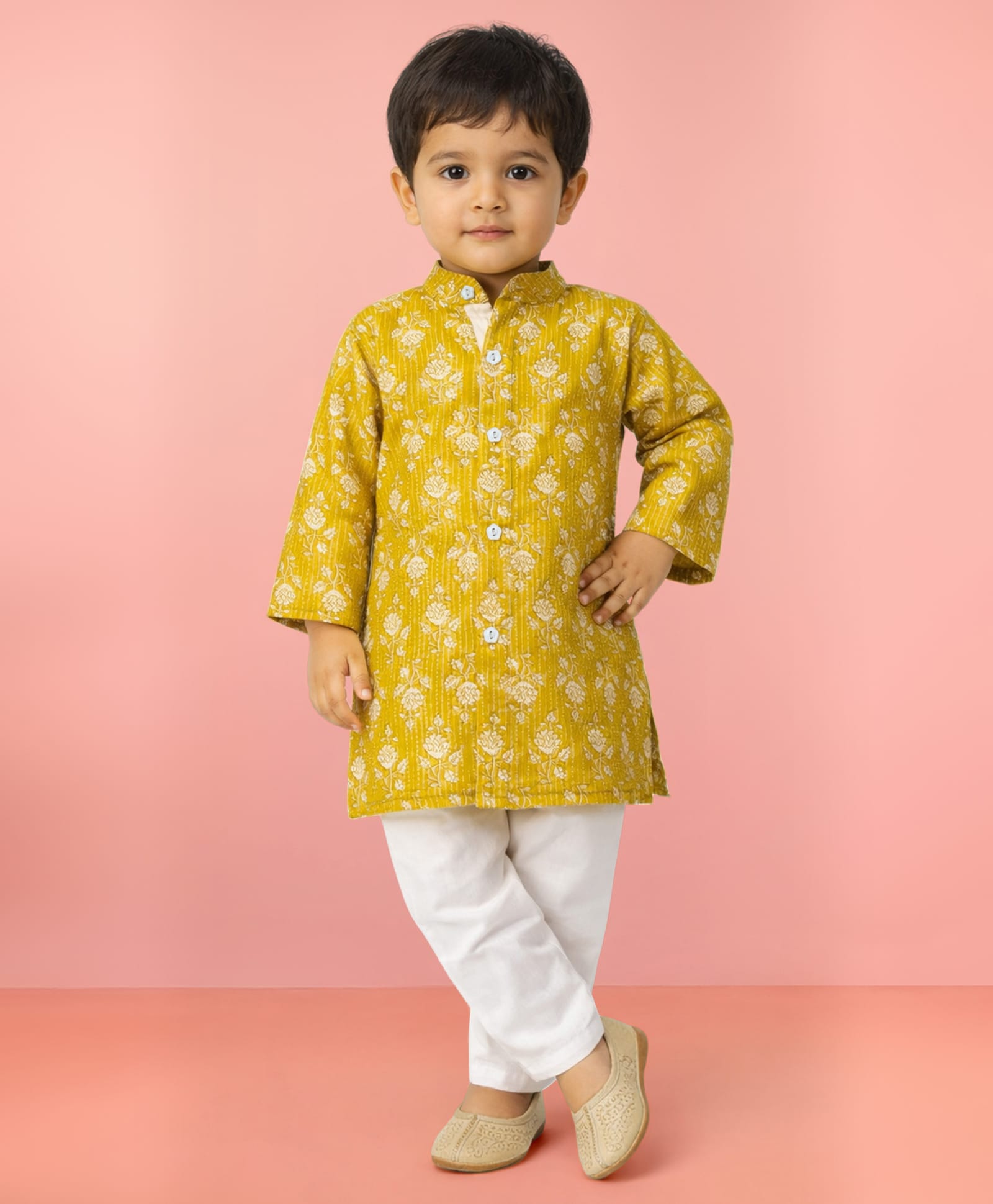 Vastramay Cotton Woven Full Sleeves Pinstriped & Floral Printed Kurta Pyjama Set - Yellow-image-24