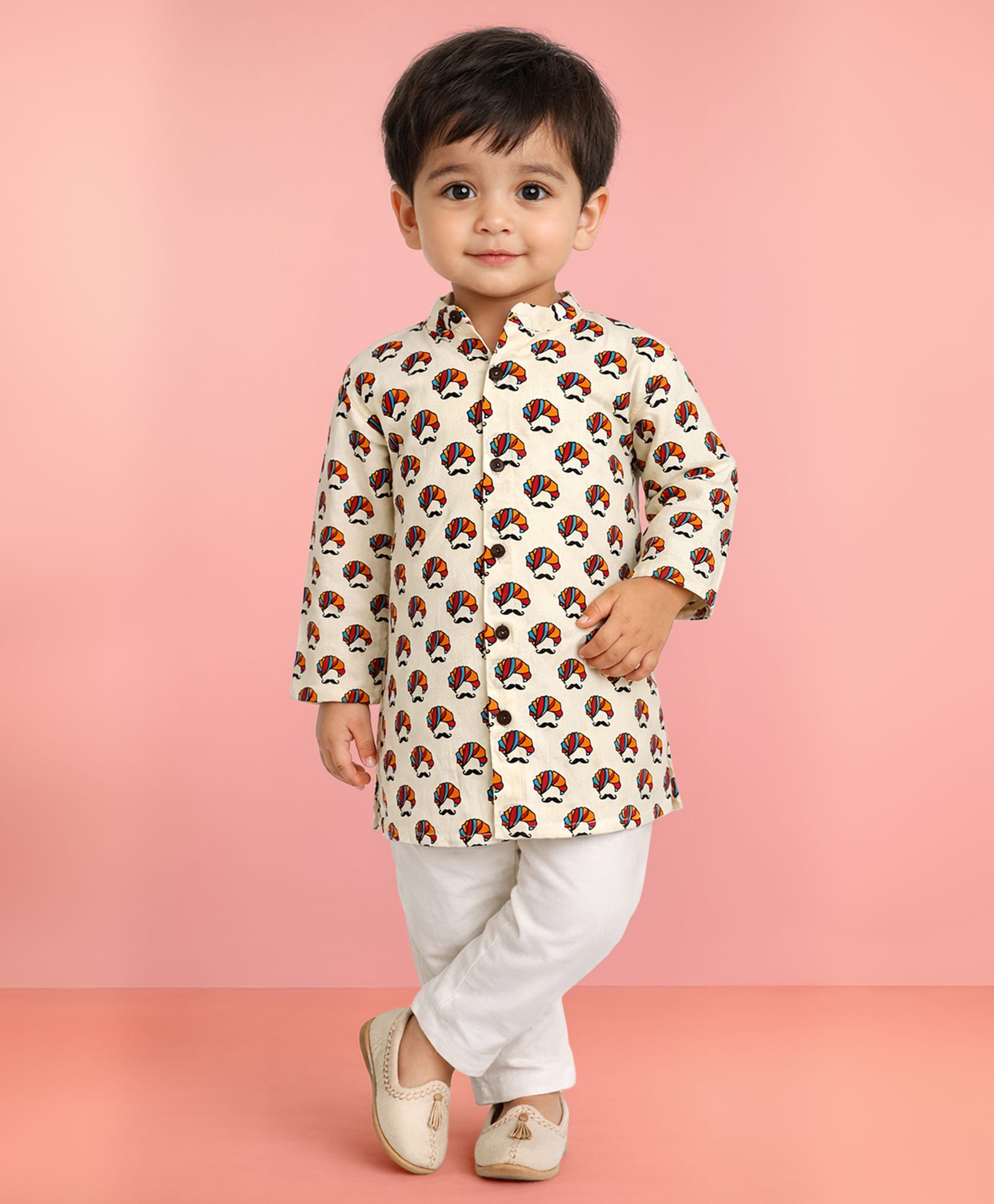 Vastramay Cotton Woven Full Sleeves Pagdi Printed Kurta Pyjama Set - Multi Colour-image-12