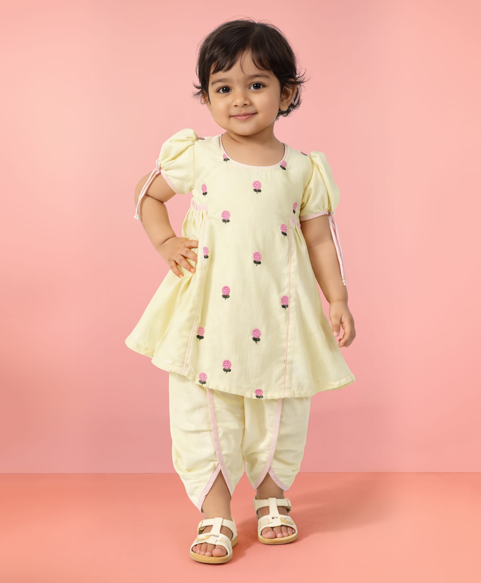 Vastramay Cotton Blend Woven Half Puffed Sleeves Floral Embroidered Kurti & Dhoti Set - Yellow-image-20