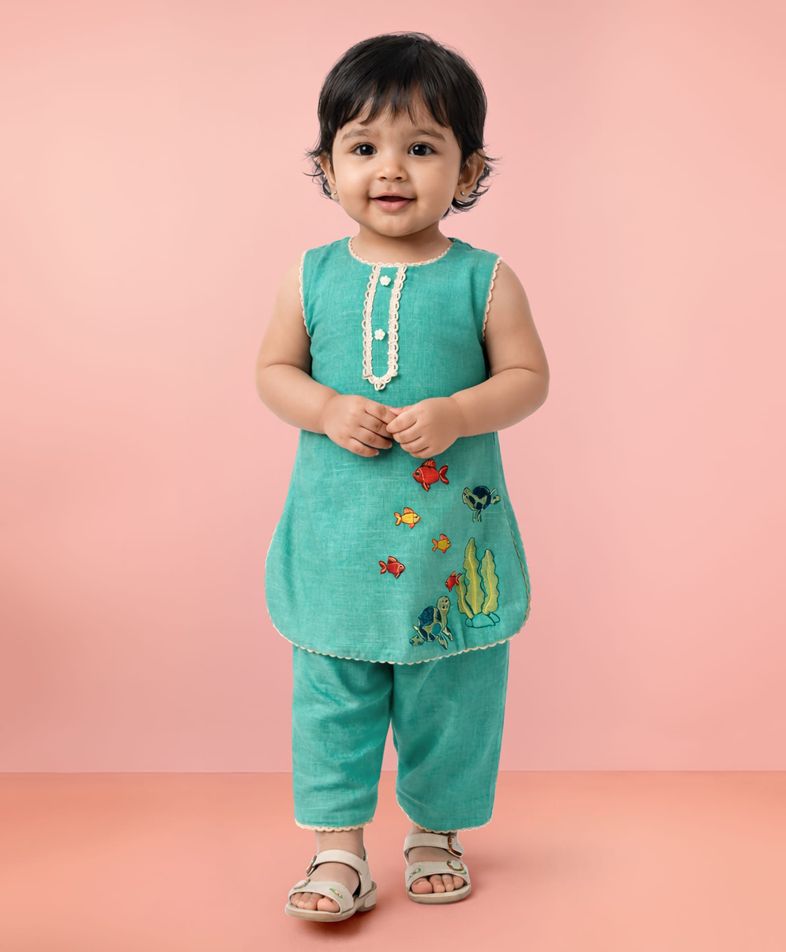 Vastramay Cotton Woven Sleeveless Sea Life Embroidered Kurti & Pants Set - Turquoise-image-12