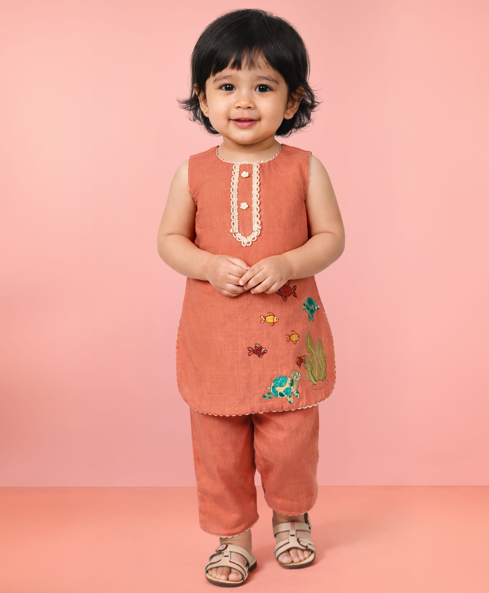 Vastramay Cotton Woven Sleeveless Sea Life Embroidered Kurti & Pants Set - Peach-image-39