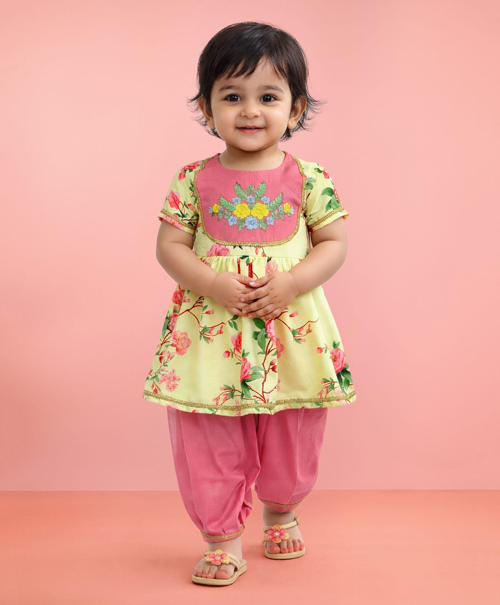 Vastramay Cotton Blend Woven Half Sleeves Floral Embroidered & Printed Kurti & Pyjama Set - Yellow-image-22