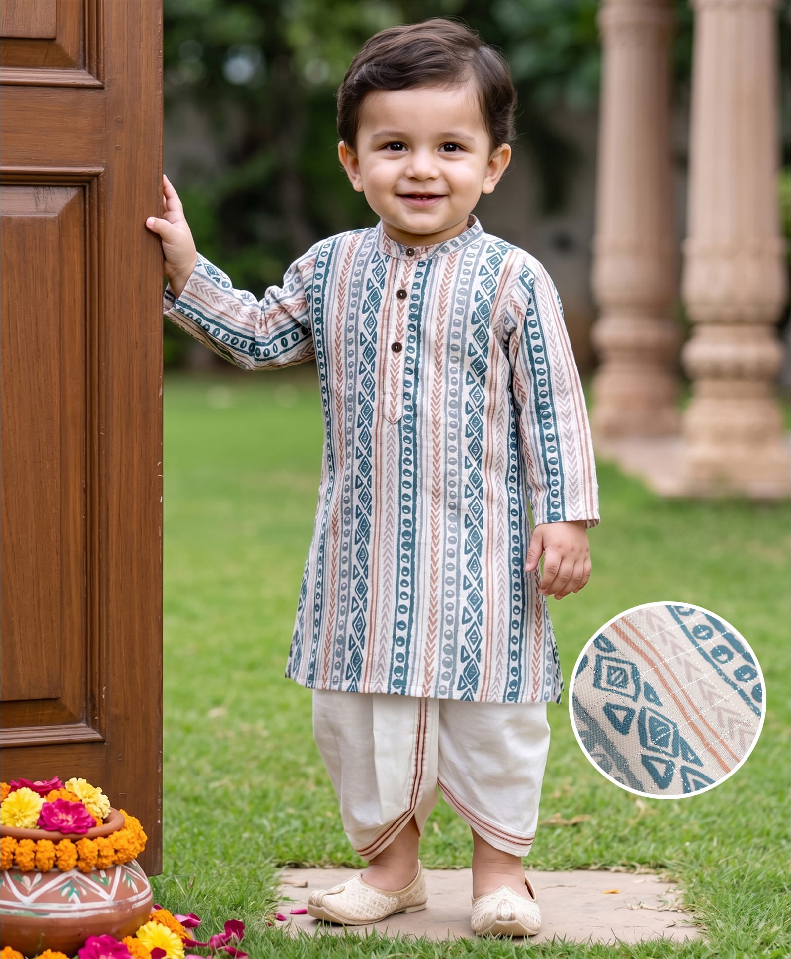 Babyhug Cambric Woven Full Sleeves Printed Kurta Dhoti Set - Off White-image-22