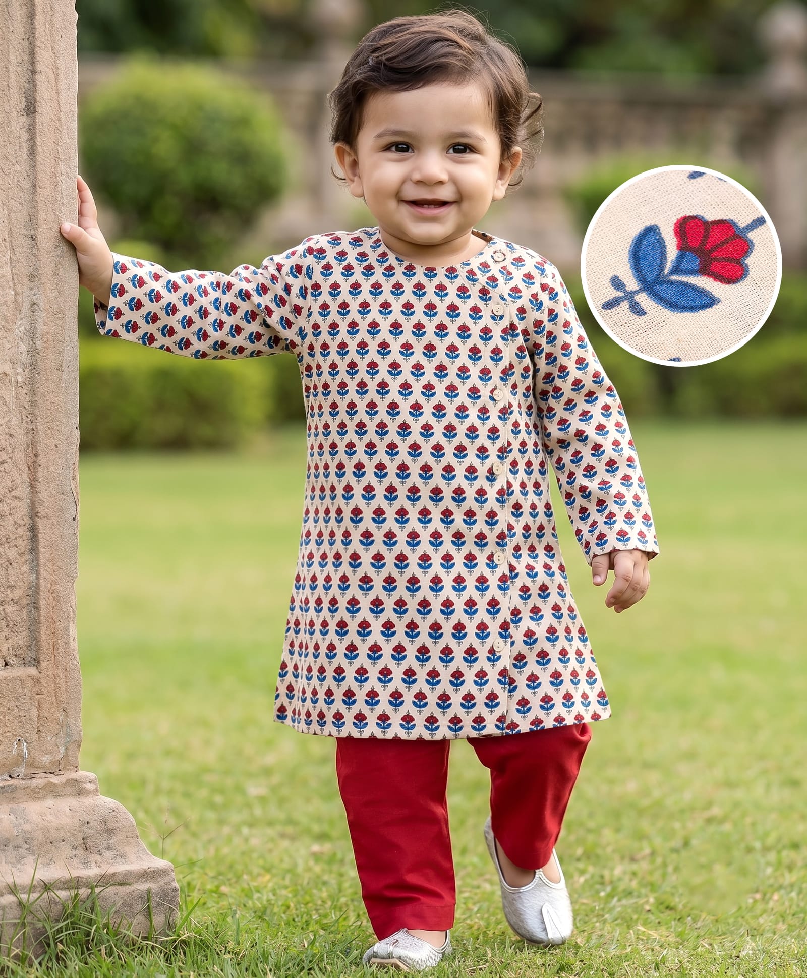 Babyhug Cambric Woven Full Sleeves Floral Printed Kurta Pyjama Set -Off White-picture-14