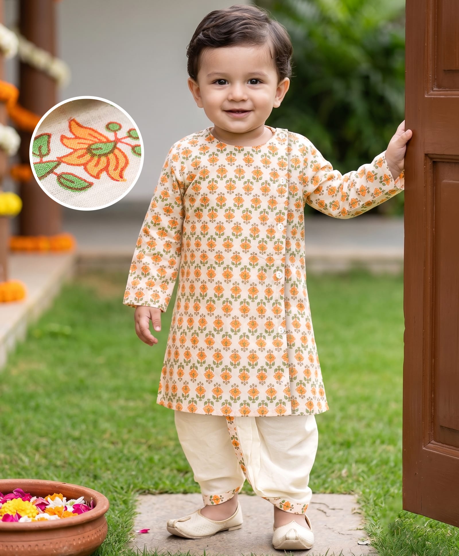 Babyhug Cambric Woven Full Sleeves Kurta Dhoti Set with Floral Print - Off White-picture-8