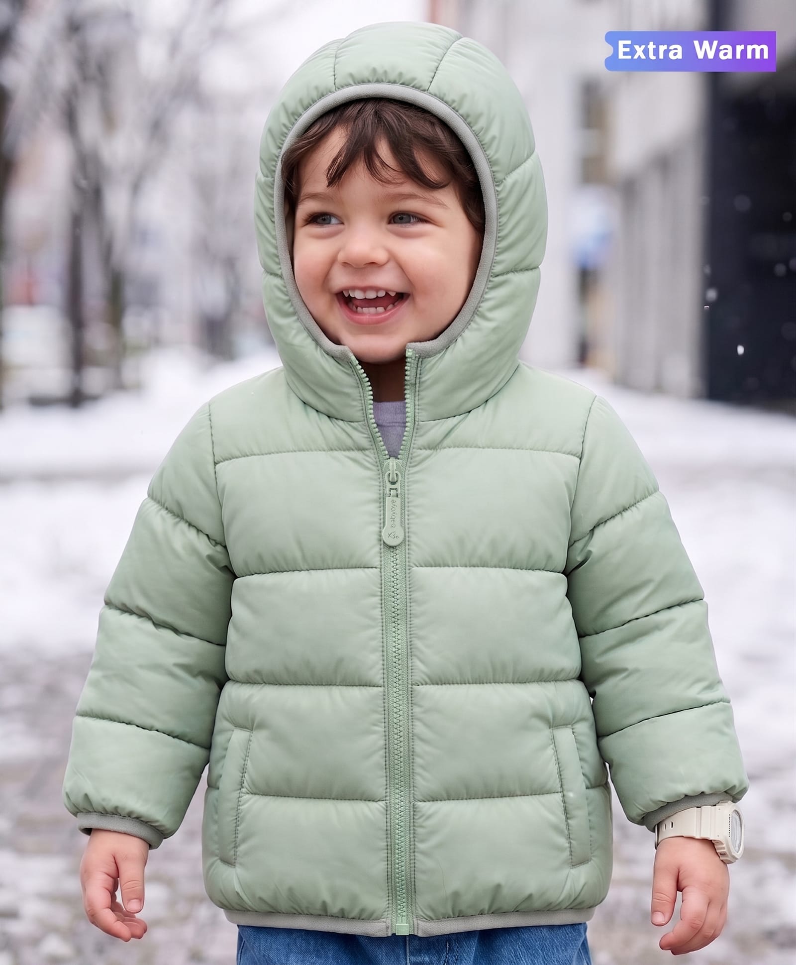 Babyoye Woven Full Sleeves Solid Colour Hooded Padded Winter Jacket - Beige-picture-18