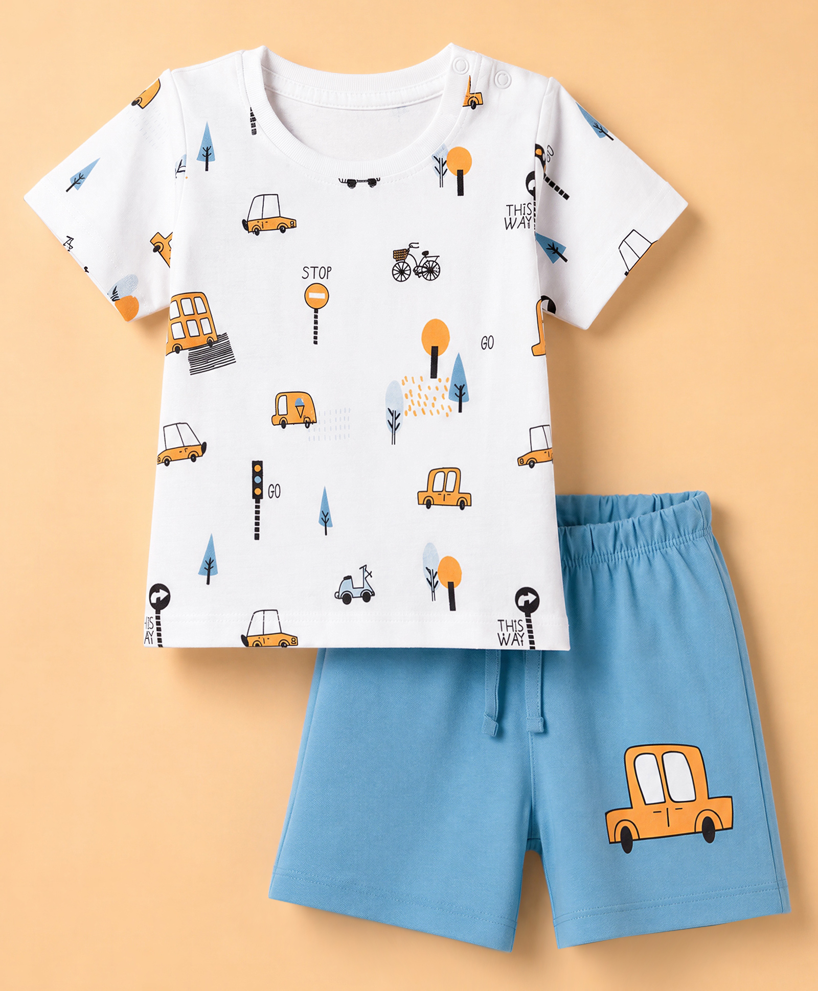Doodle Poodle 100% Cotton Single Jersey Knit Half Sleeves T-Shirt & Short Night Suit with Vehicle Print - White-picture-5