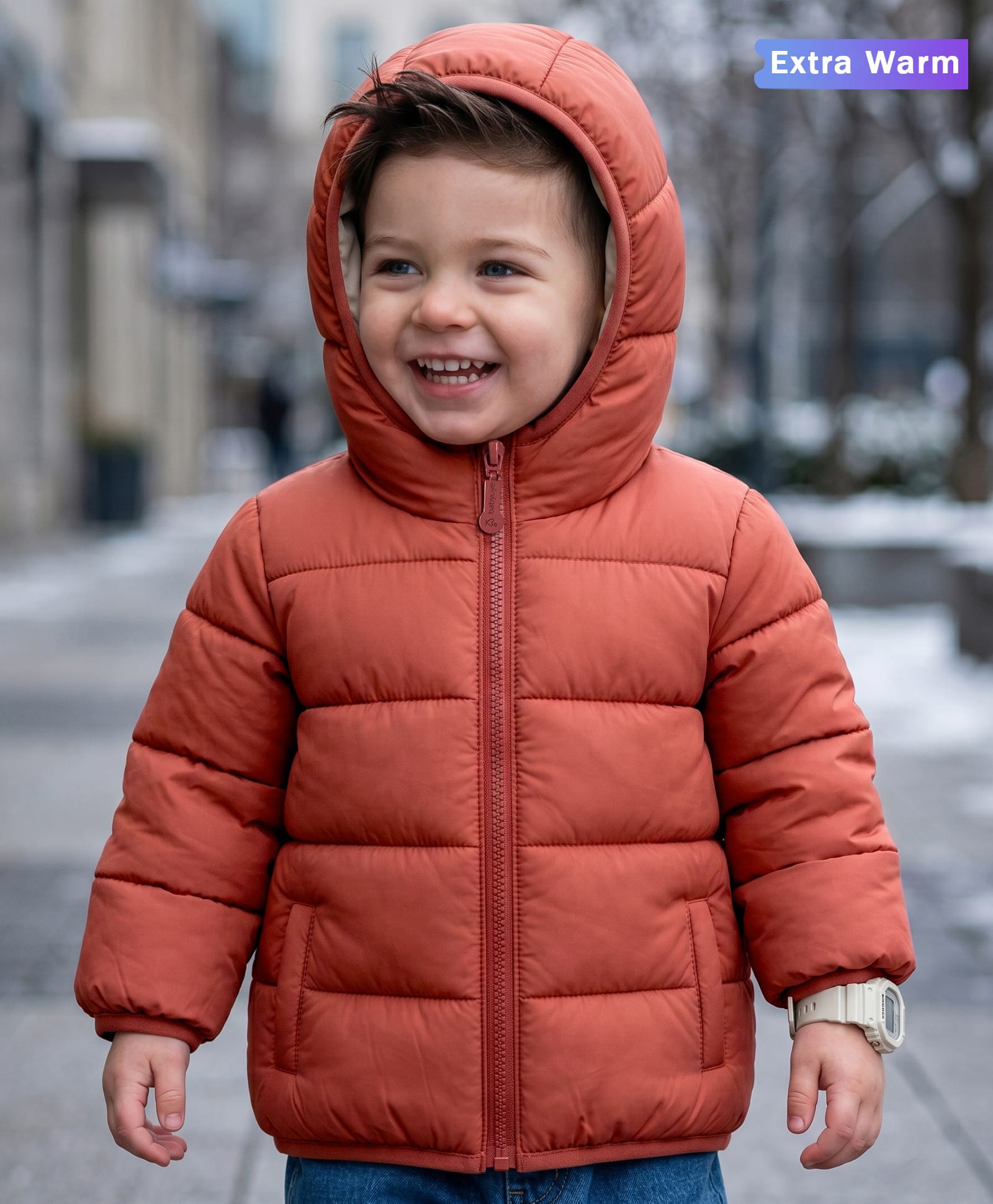 Babyoye Woven Full Sleeves Hooded Padded Solid Colour Jacket-Rust-image-12