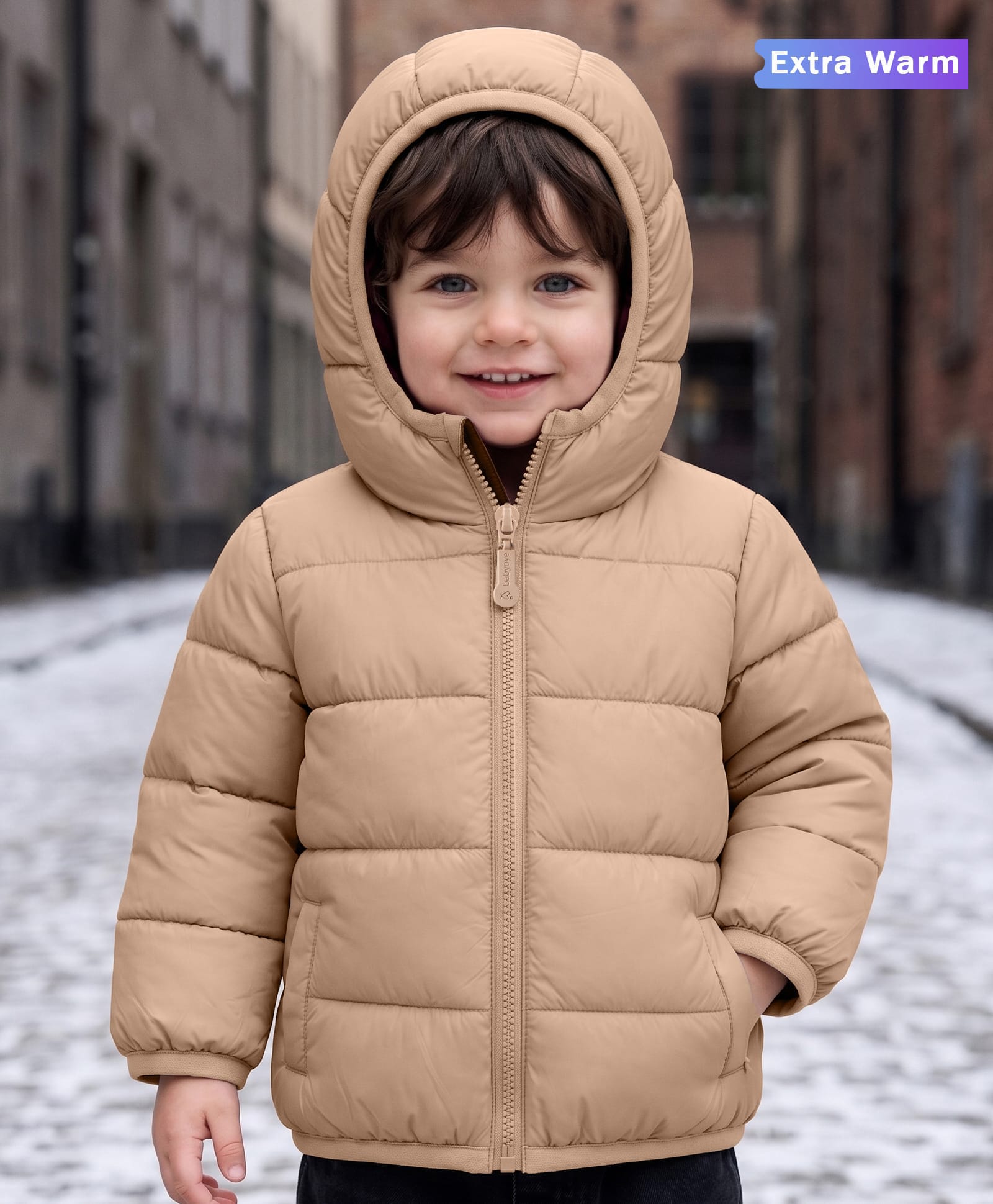 Babyoye Woven Full Sleeves Solid Colour Hooded Padded Winter Jacket - Tan-image-15