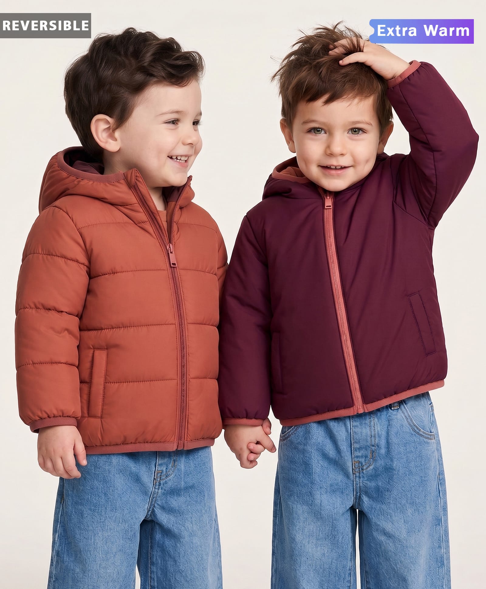 Babyoye Woven Full Sleeves Solid Colour Reversible Hooded Padded Jacket - Rust Orange & Maroon-image-11
