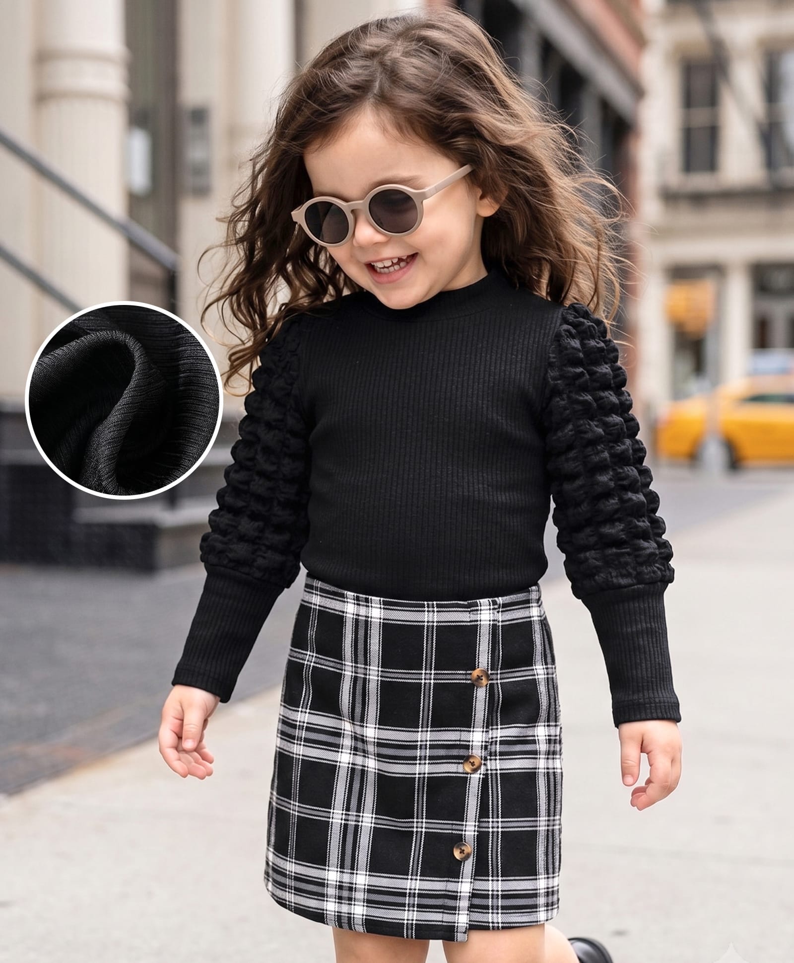 Mark & Mia Full Sleeves Ribbed Top and Checks Skirt - Black-image-49