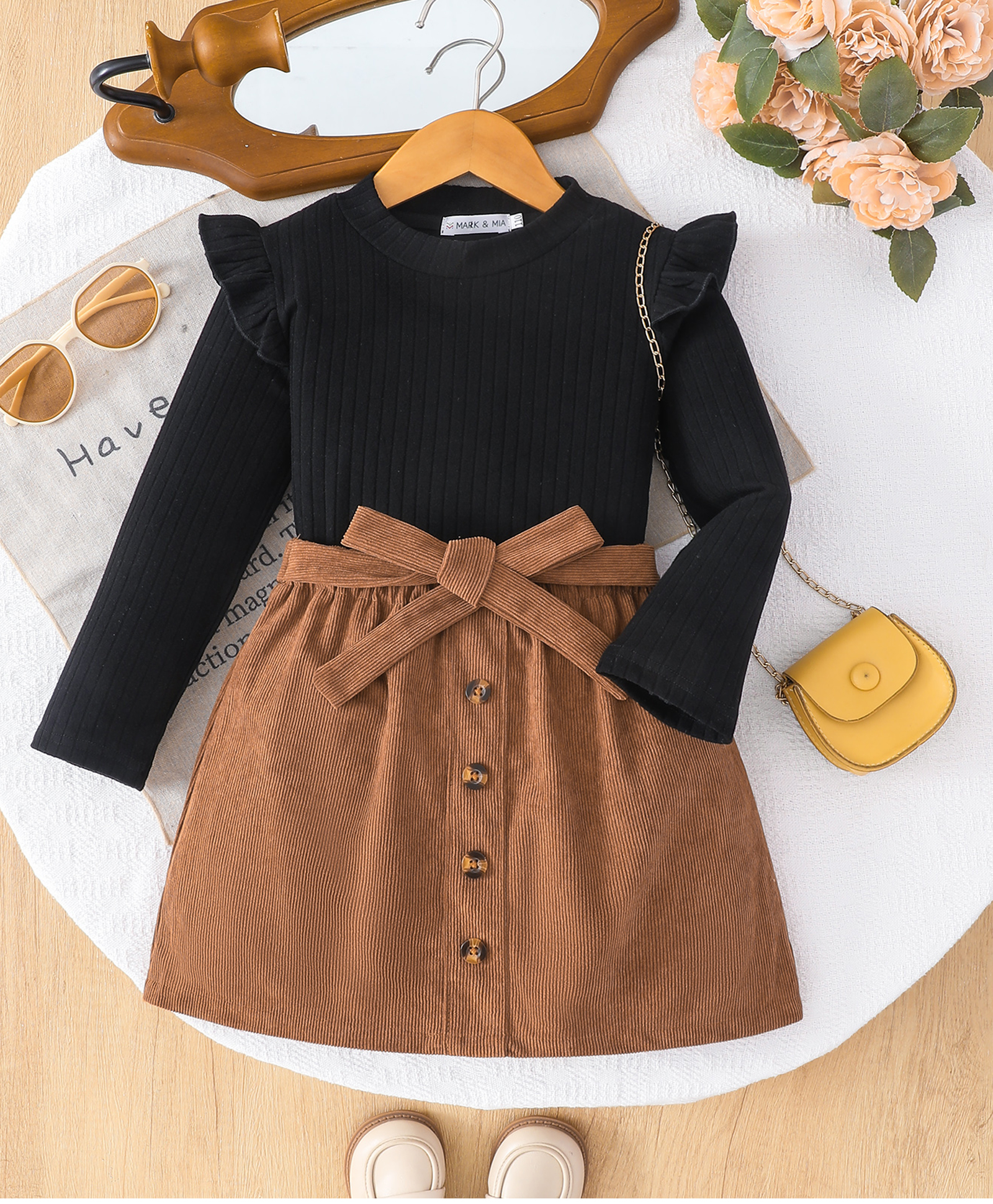 Mark & Mia Frilled Full Sleeves Top and Skirt with Bow - Black-image-12