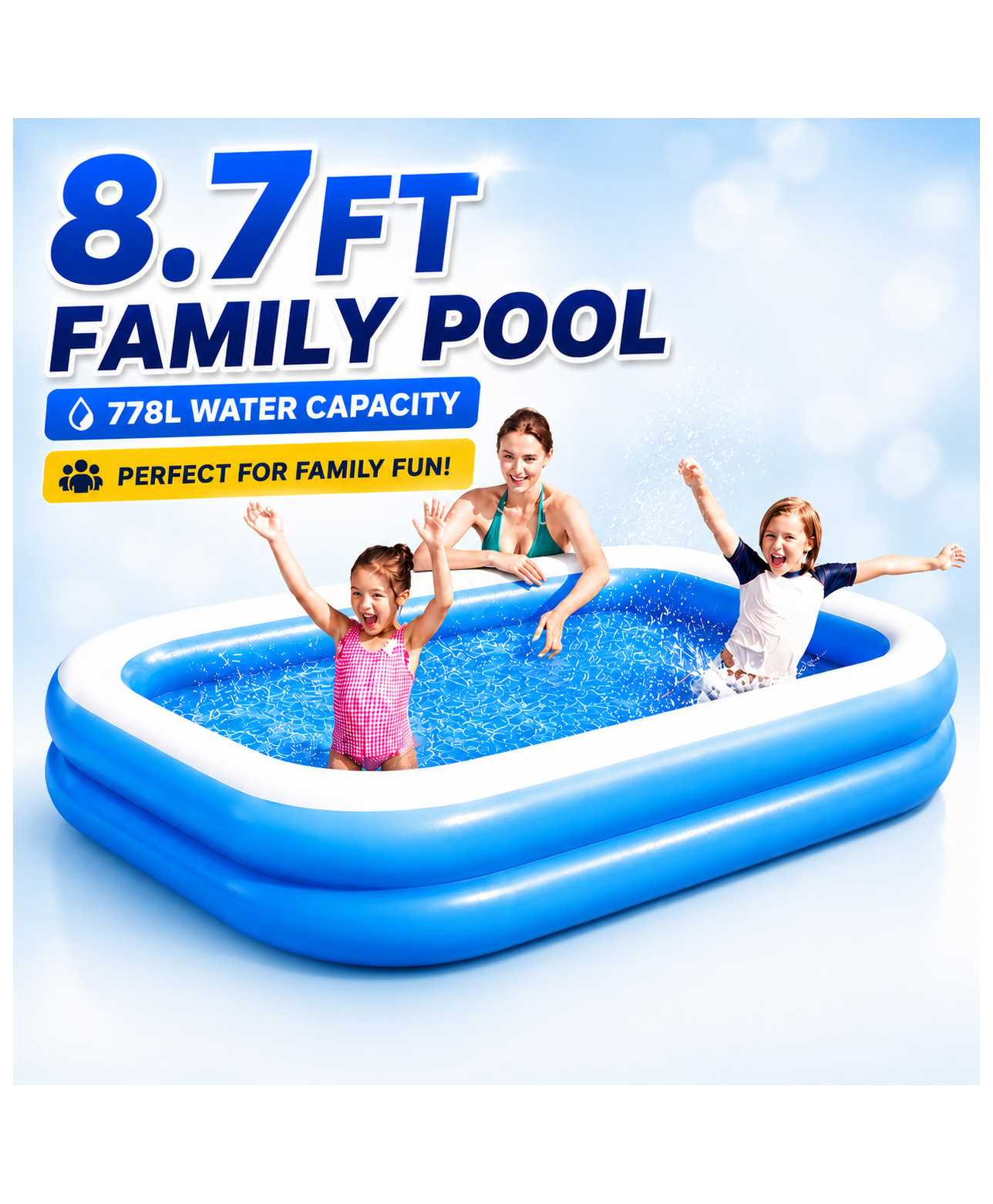 NHR Inflatable Family Swimming Pool 450L Large Rectangular Kids & Adults Pool with Quick Inflation, Portable Indoor & Outdoor Bath & Play Pool-picture-12