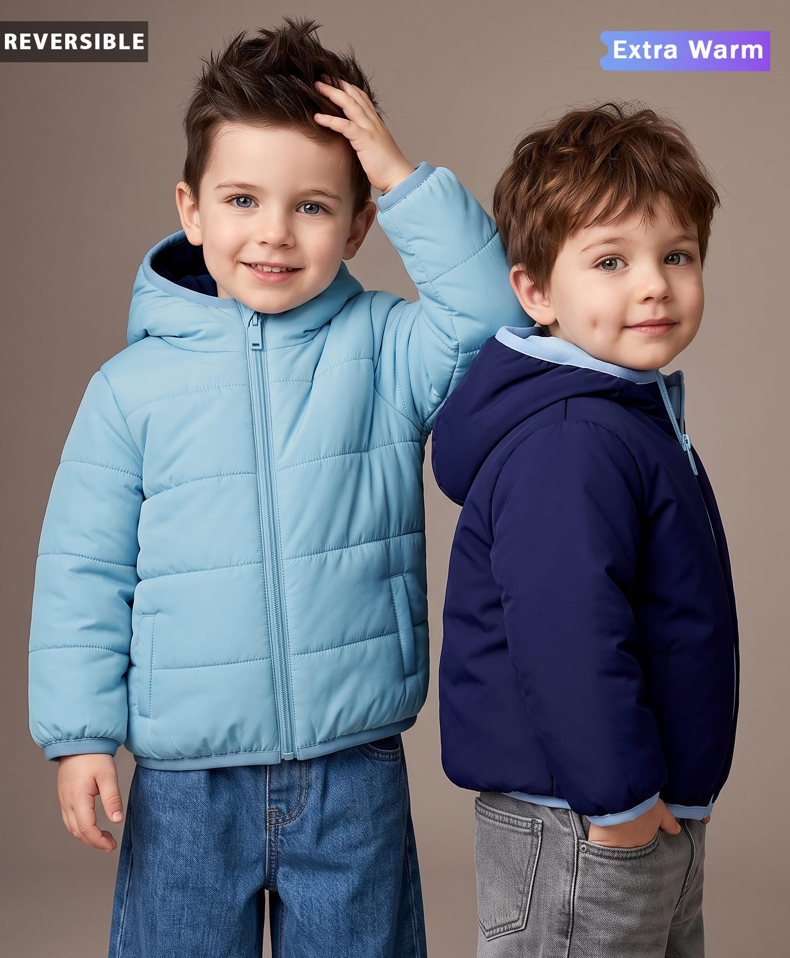 Babyoye Woven Full Sleeves Solid Colour Reversible Hooded Padded Jacket - Light & Navy Blue-picture-11