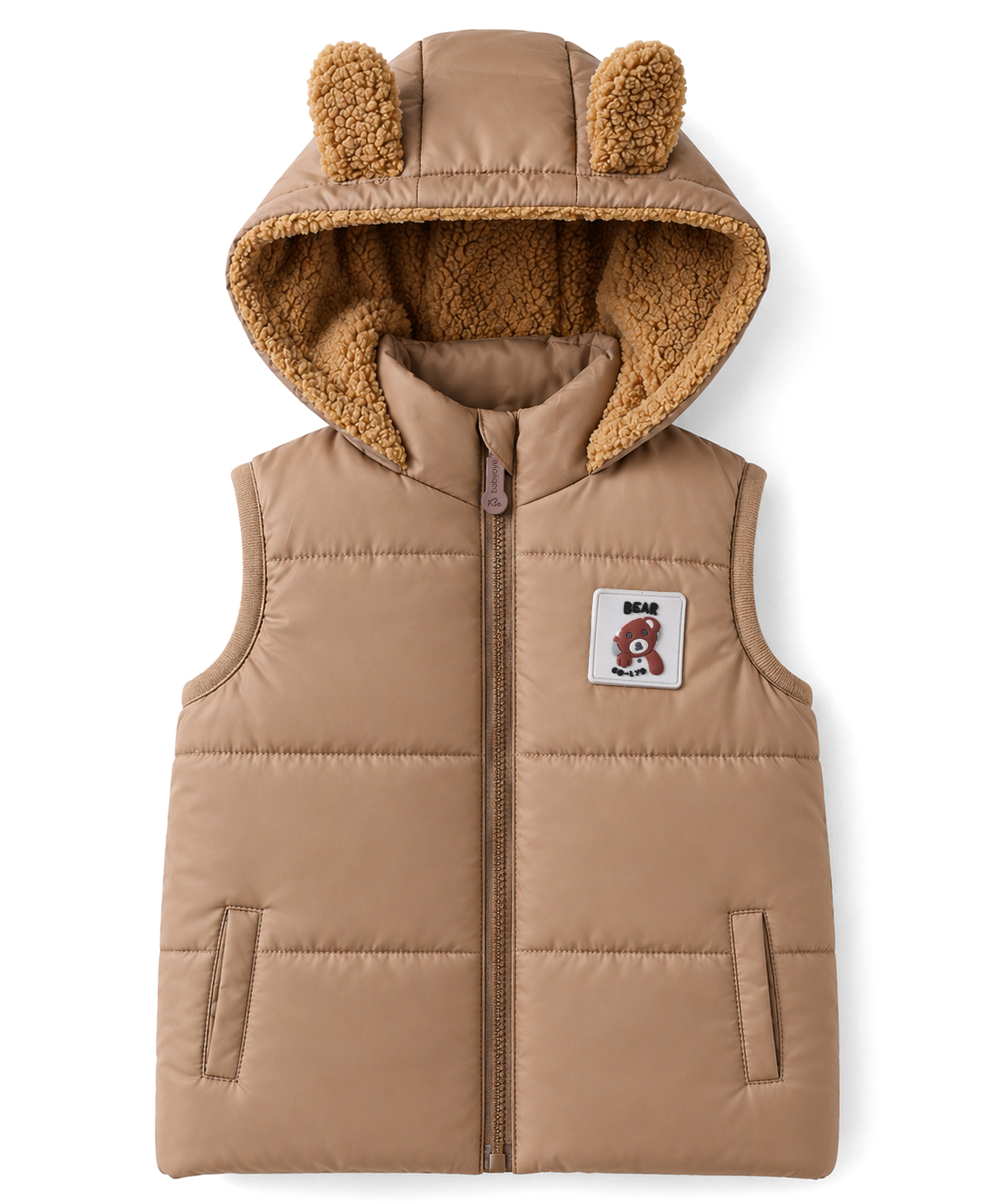 Babyoye Woven Sleeveless Hooded Padded Jacket with Bear Patch & Ear Applique - Brown-image-48