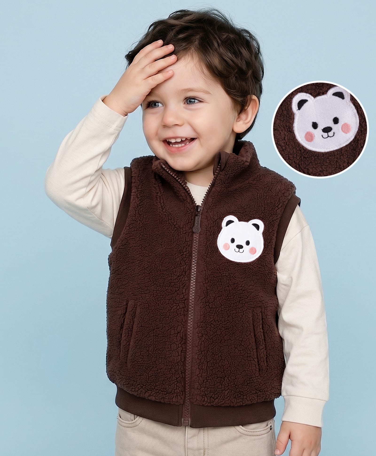 Babyoye Sherpa Woven Sleeveless Winter Jacket With Bear Patch - Brown-picture-23