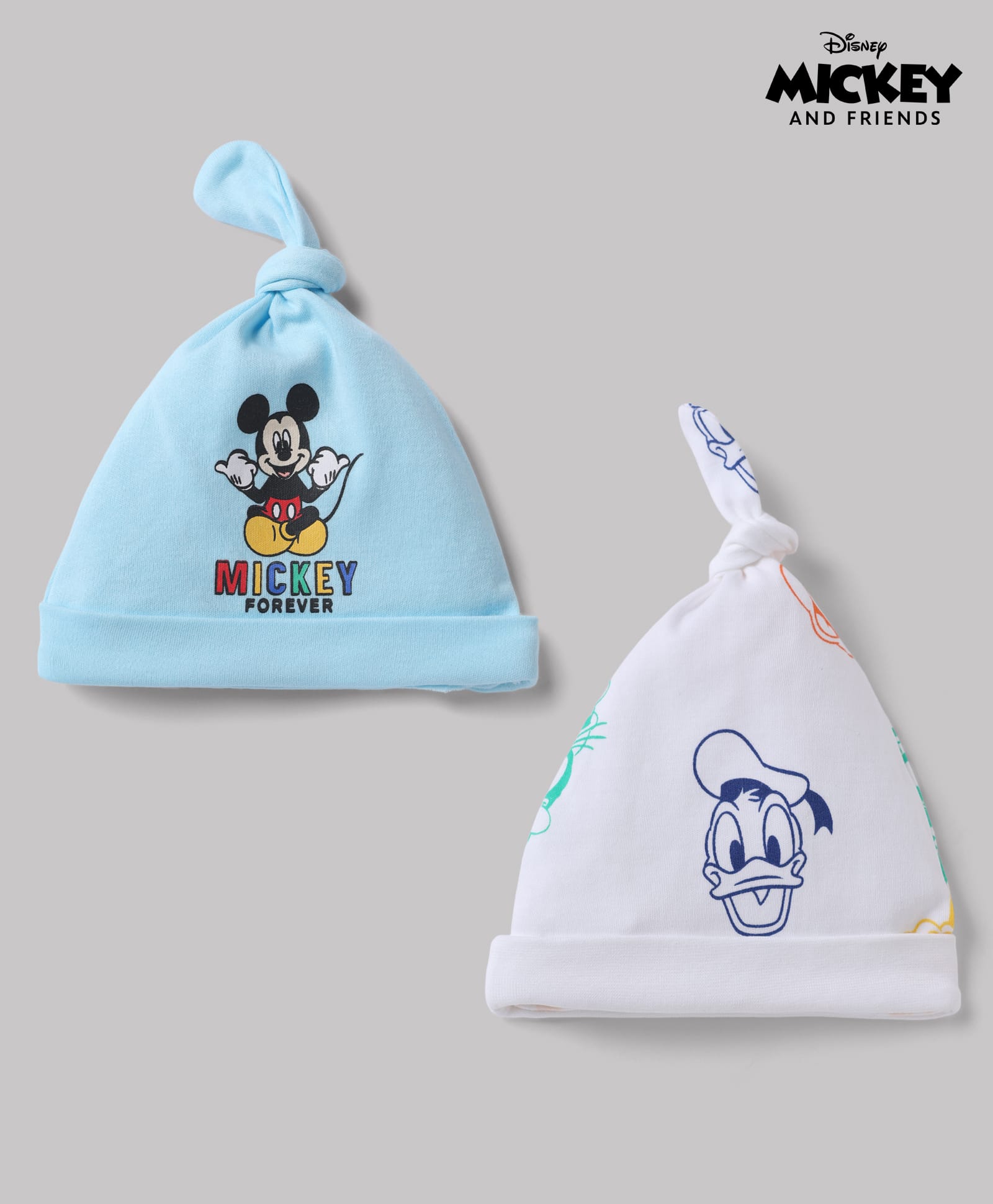 Babyhug Disney Interlock Knit Pony Caps With Mickey Mouse Graphics Pack of 2 White & Light Blue - Diameter 14 cm
