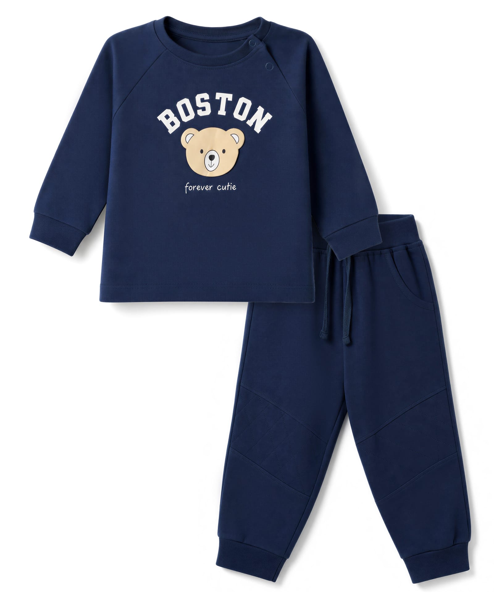 Doodle Poodle 100% Cotton Single Jersey Raglan Full Sleeves Animal & Text Printed Tshirt & Joggers Set - Navy Blue-image-3