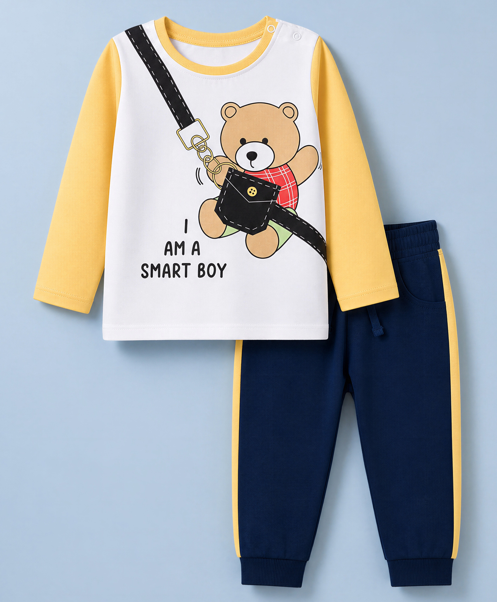 Doodle Poodle 100% Cotton Single Jersey Knit Full Sleeves Teddy Bear Printed T-shirt With Full Length Jogger - Navy Blue & Yellow-picture-17